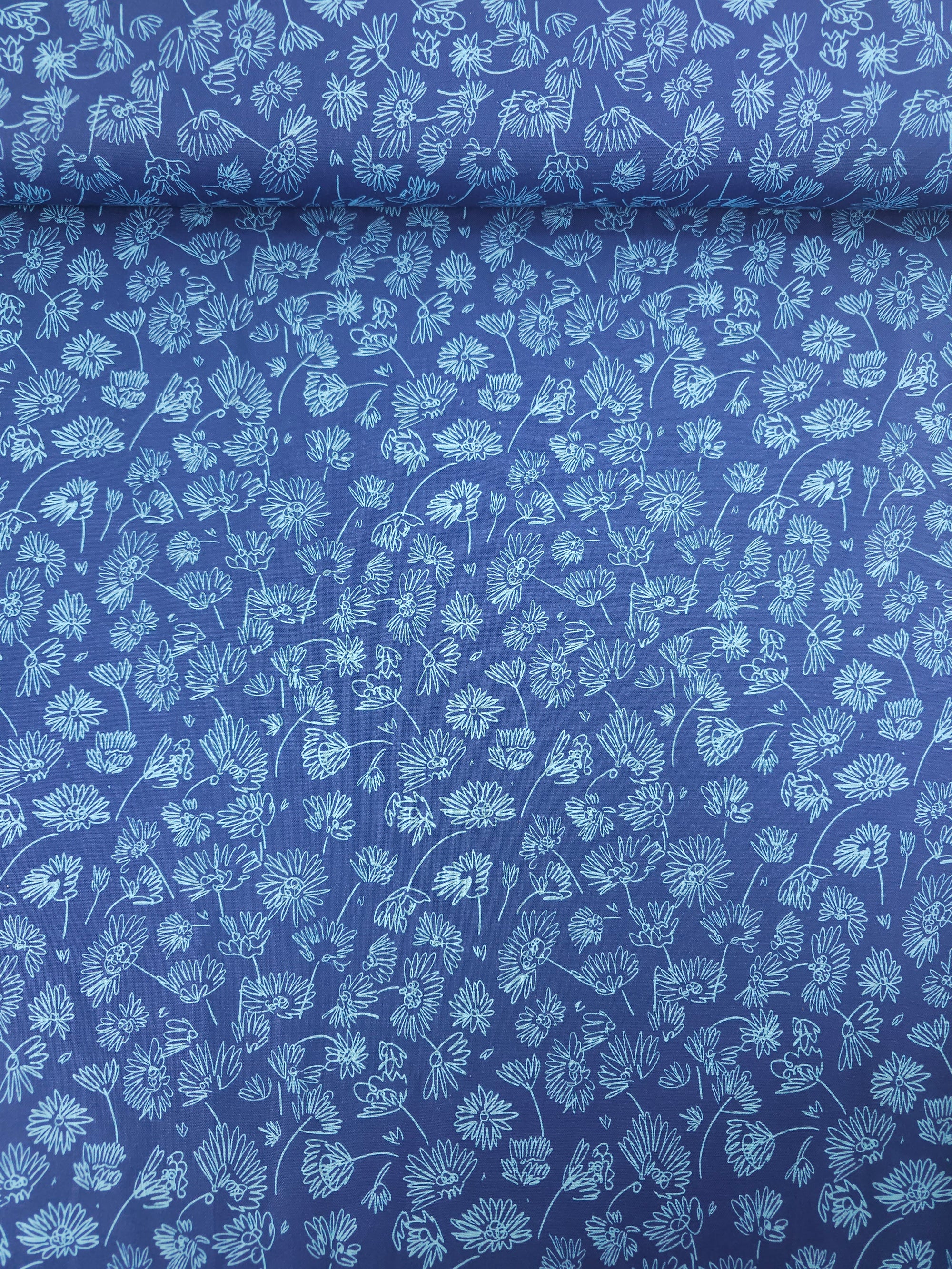 Blue Sketch Floating Flower 100% Cotton