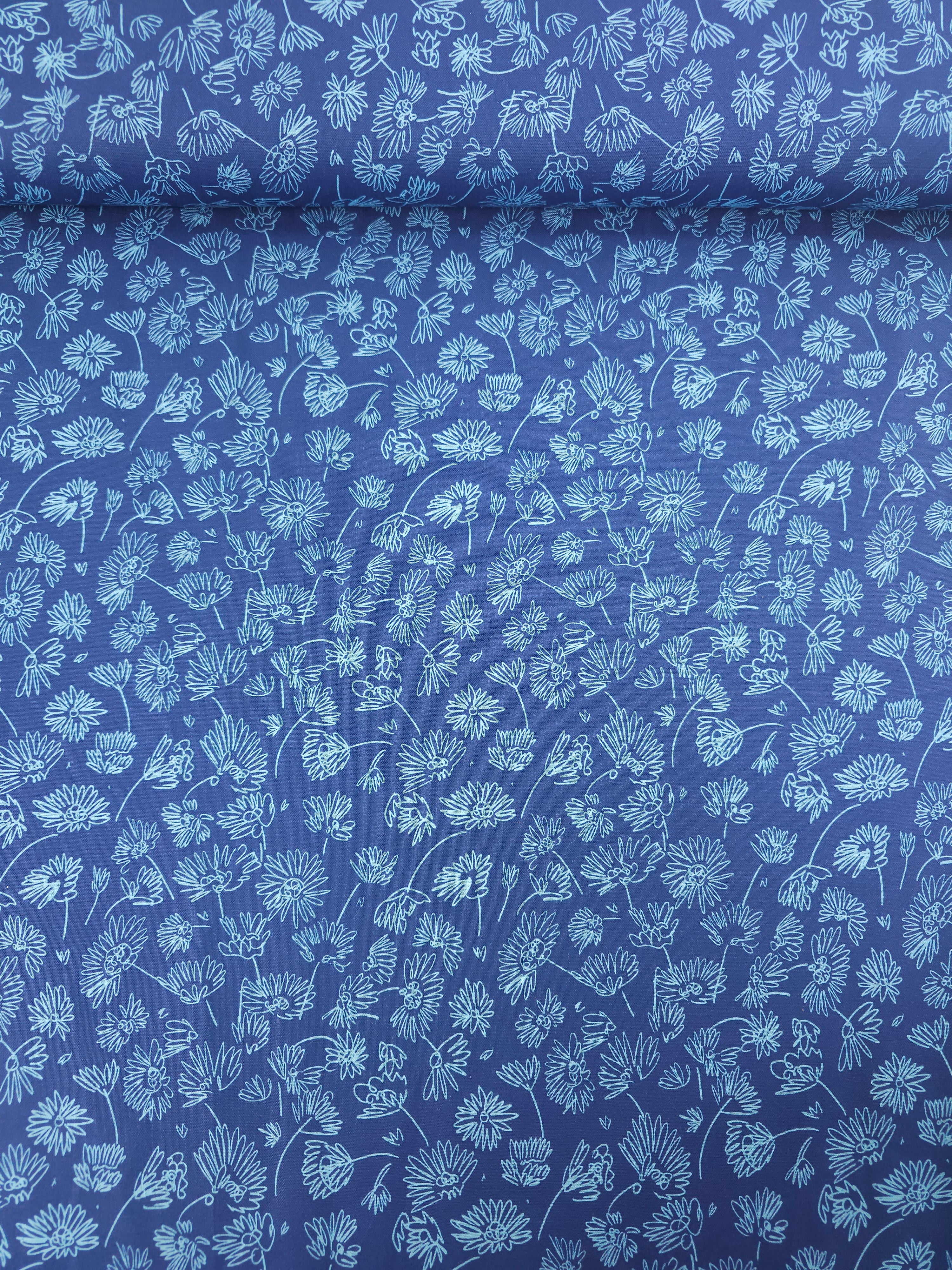 Blue Sketch Floating Flower 100% Cotton
