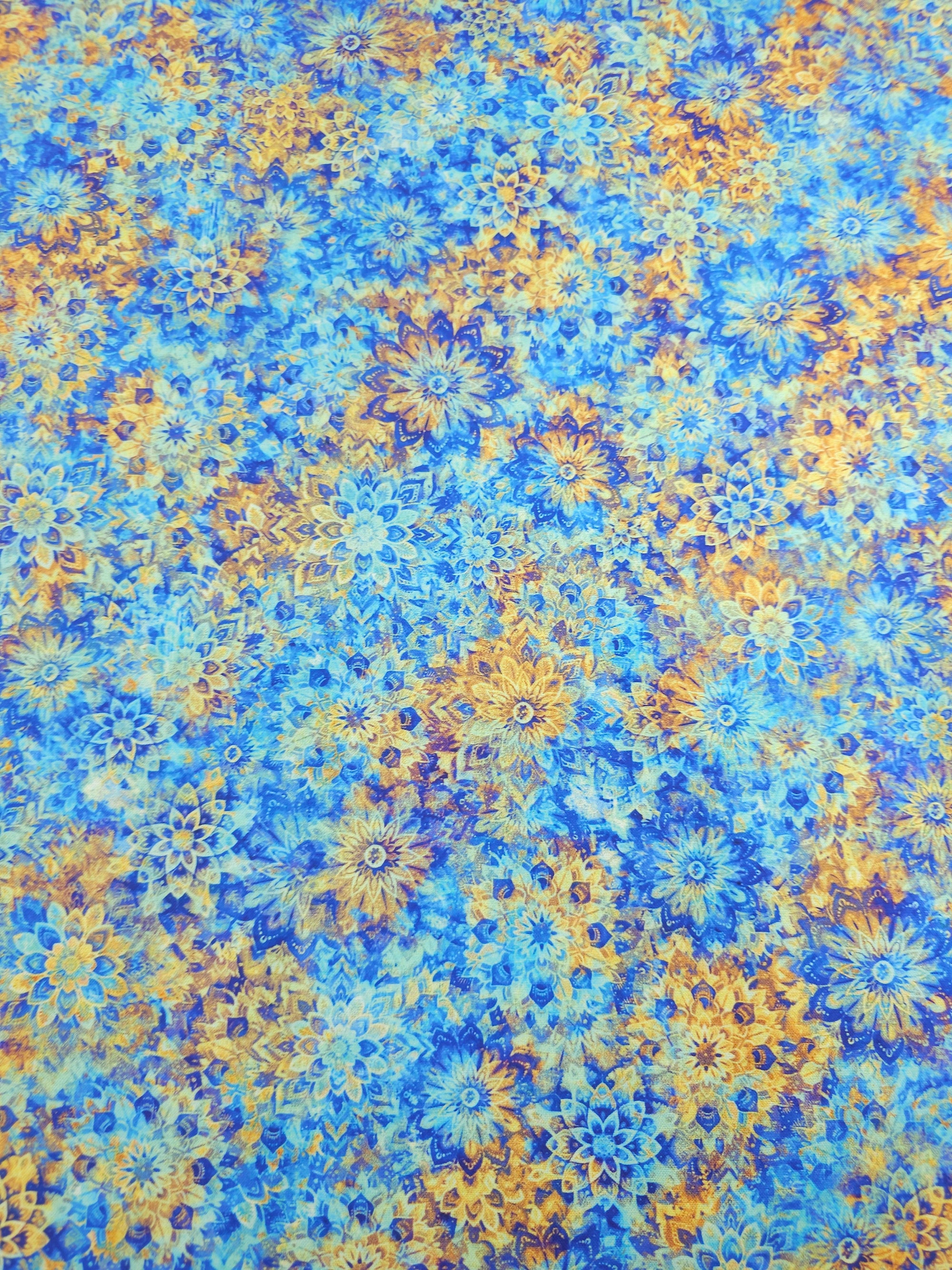 Marigold/Blue Dancing Dahlias Kaleidoscope 100% Cotton