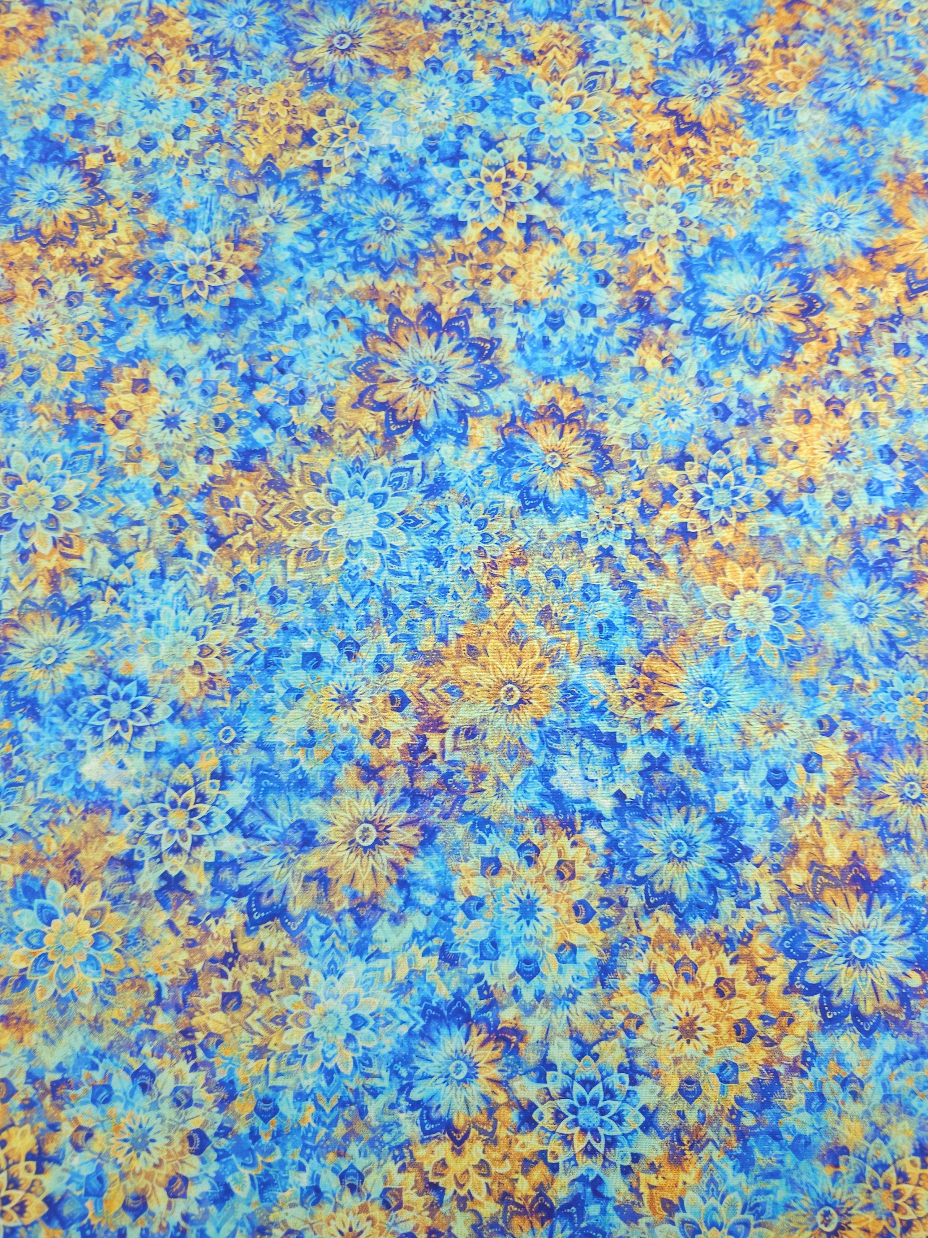 Marigold/Blue Dancing Dahlias Kaleidoscope 100% Cotton