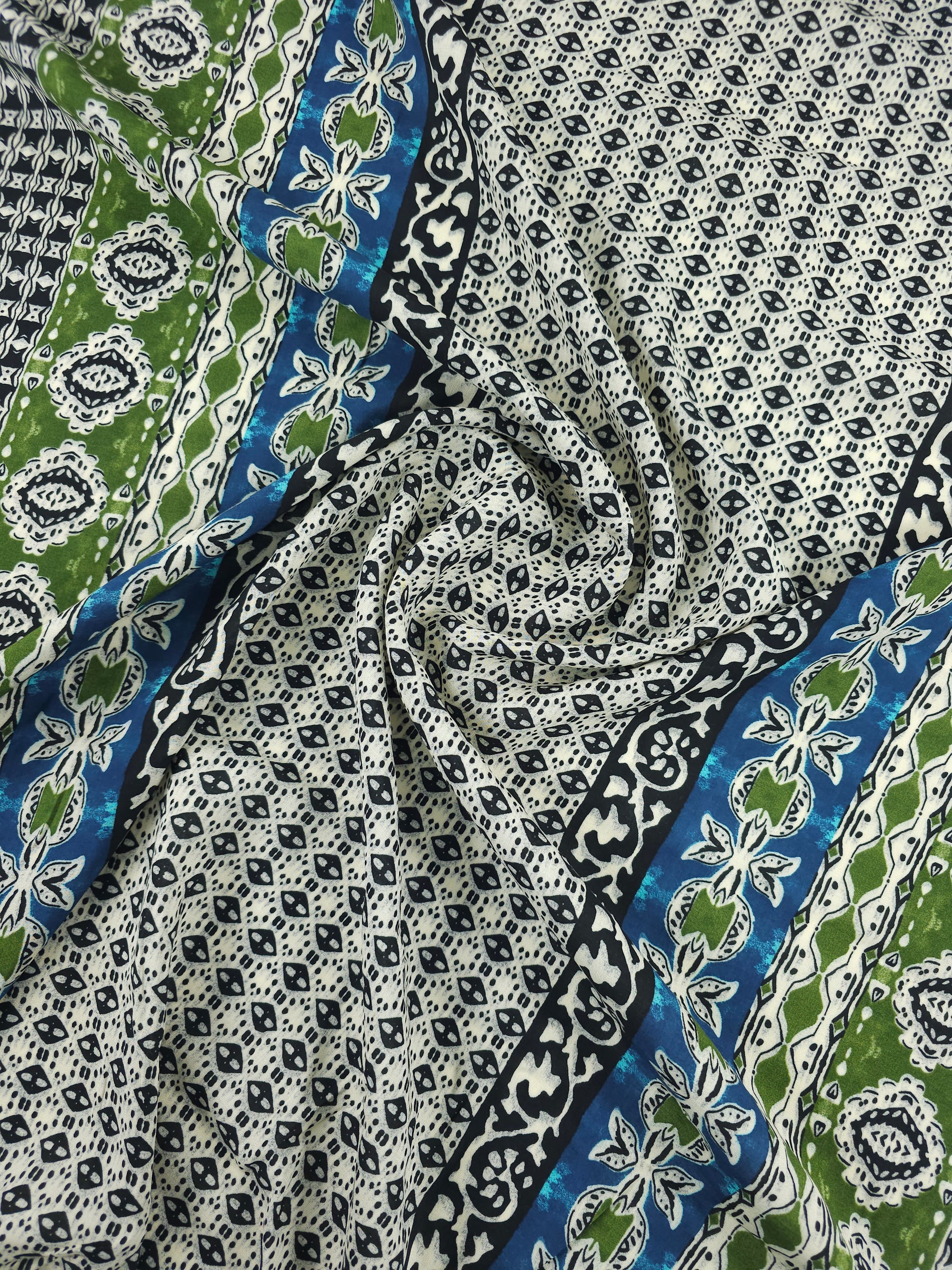 Green/Blue Boho Panel Stripe Viscose Challis