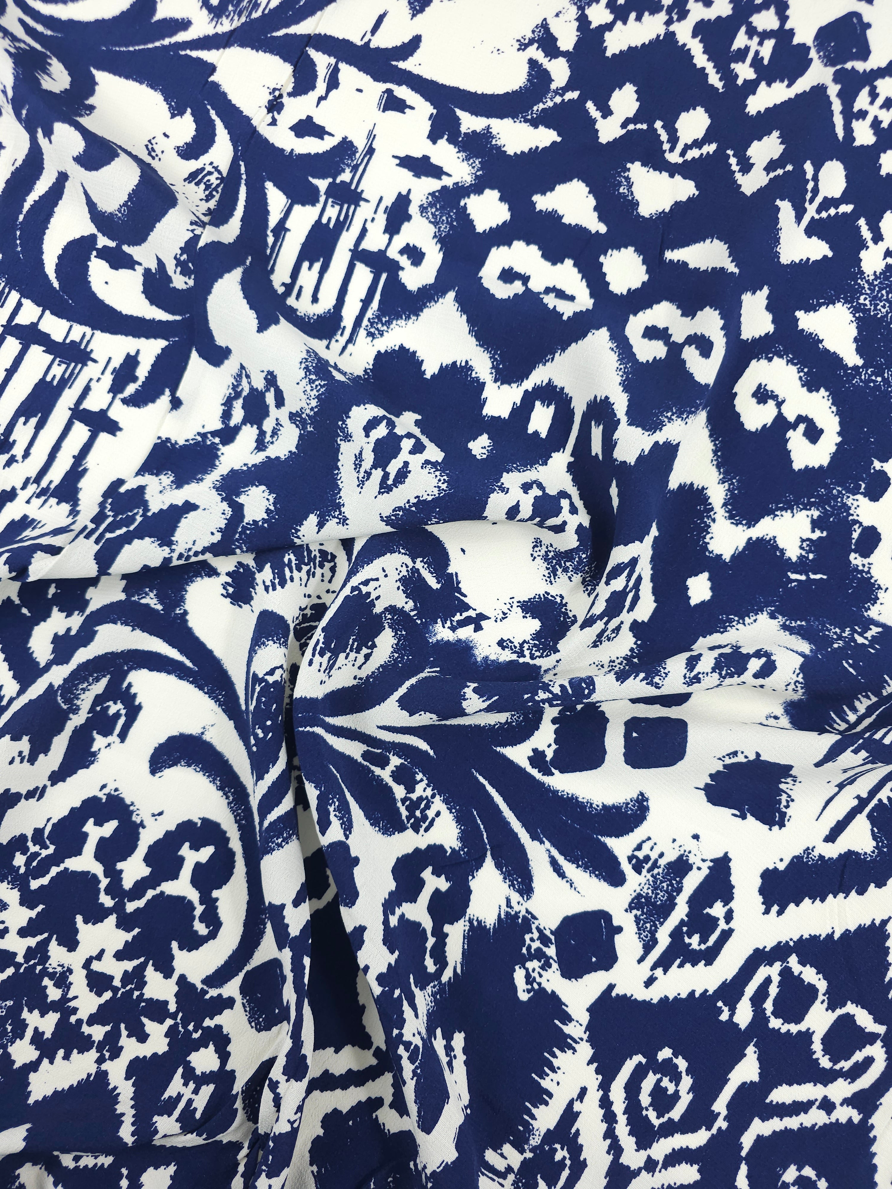 Navy/Off-White Tapestry Damask Viscose Crepe