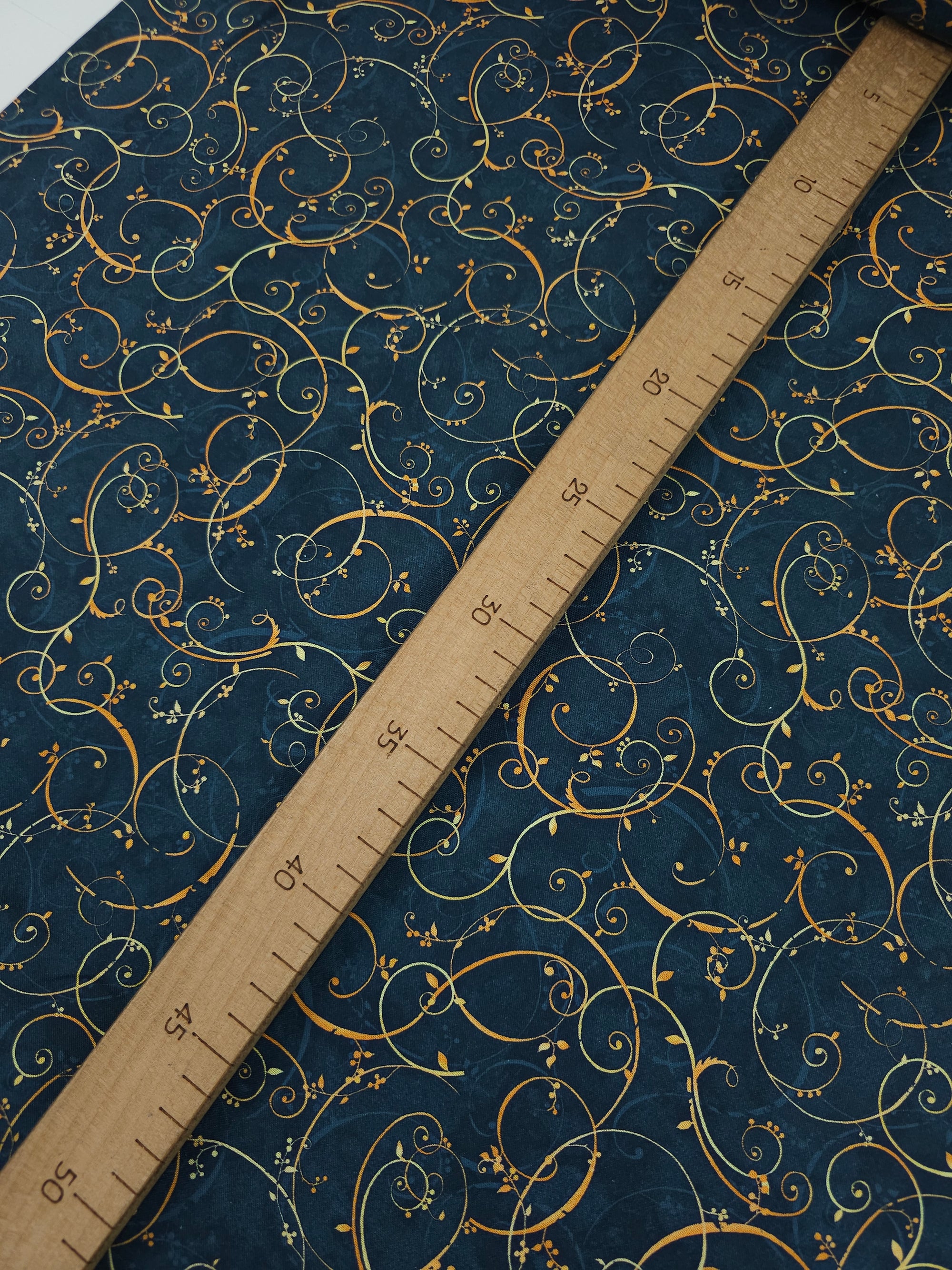 Petrol Navy/Marigold Elegant Swirl Vine 100% Cotton