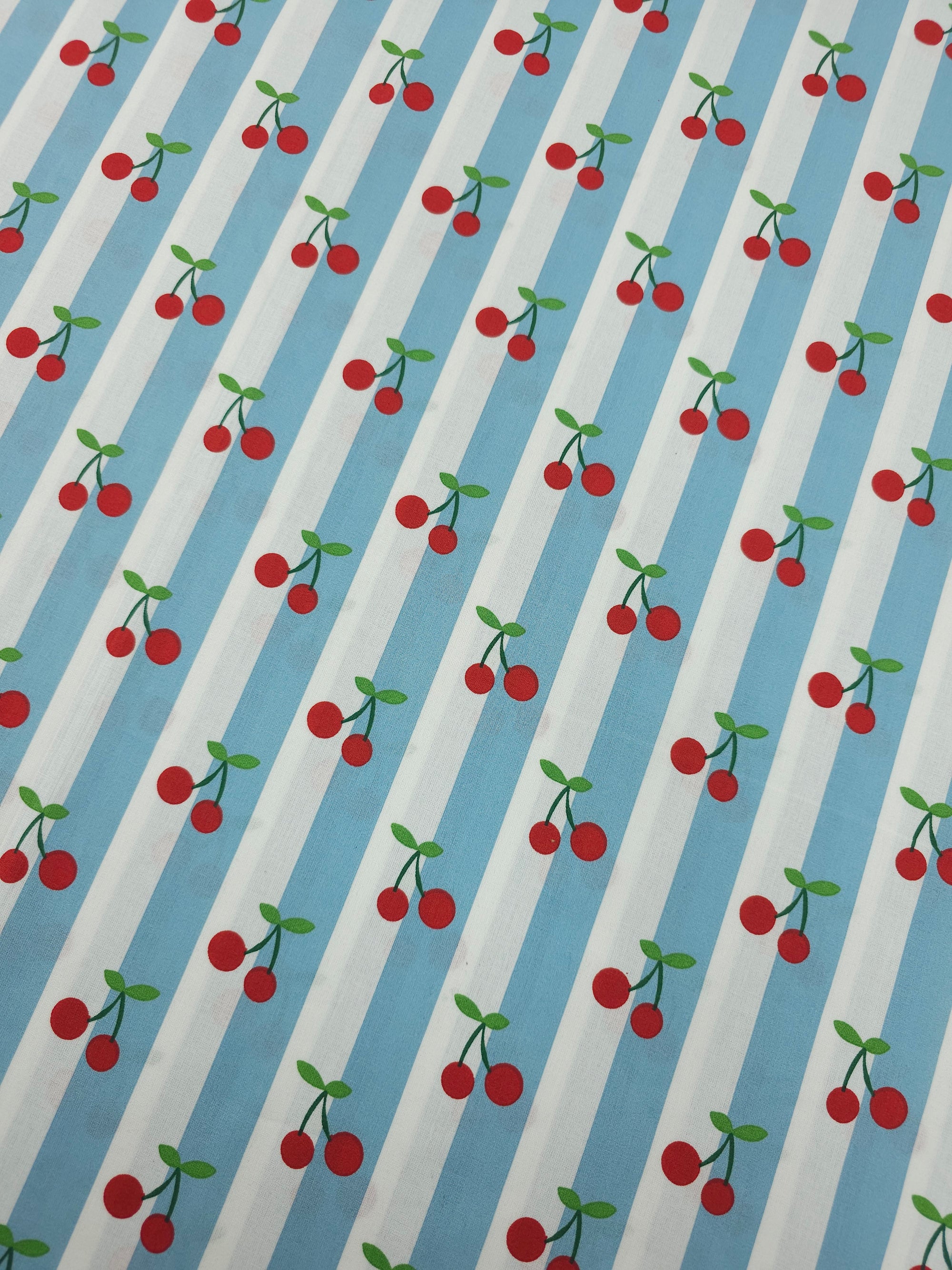 Duck Egg Blue Cherry Stripe Lightweight Cotton 57"