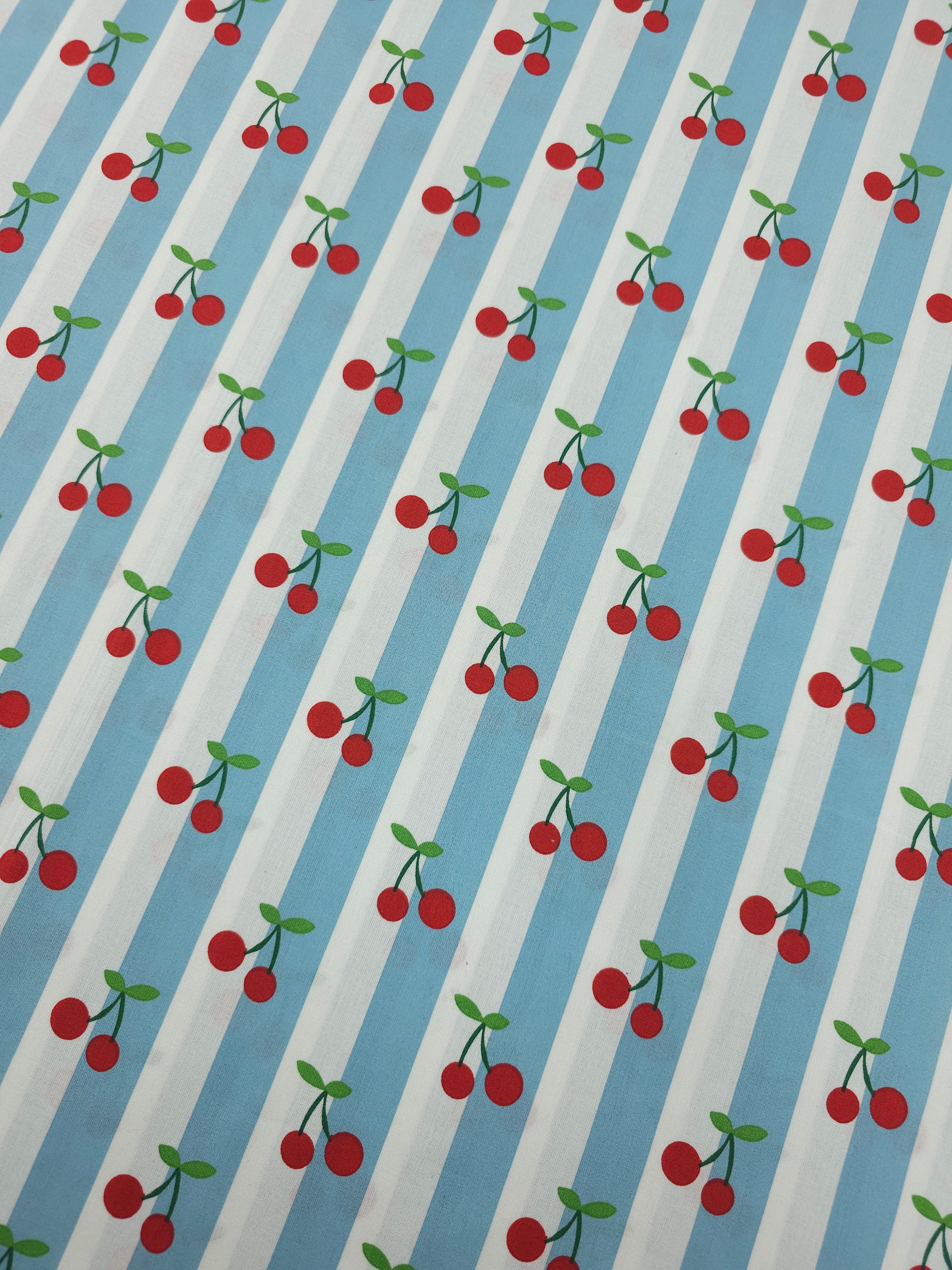 Duck Egg Blue Cherry Stripe Lightweight Cotton 57"