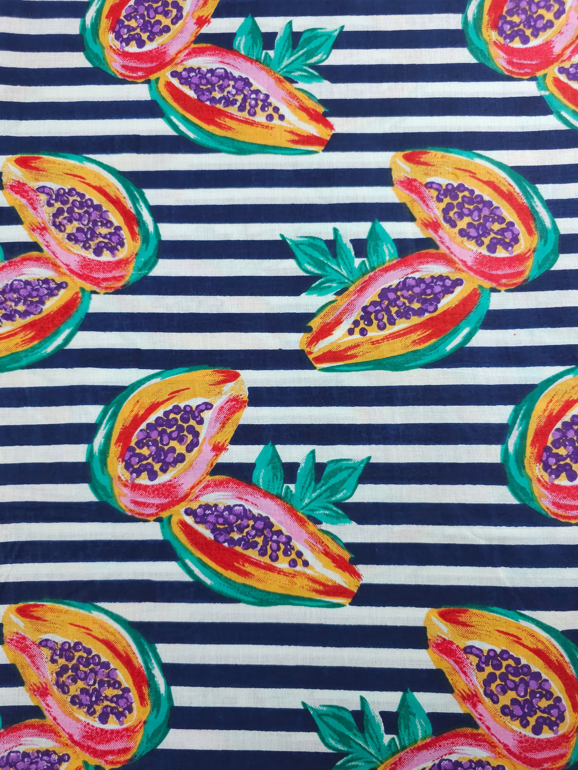 Navy Papaya Stripe Lightweight Cambric Cotton