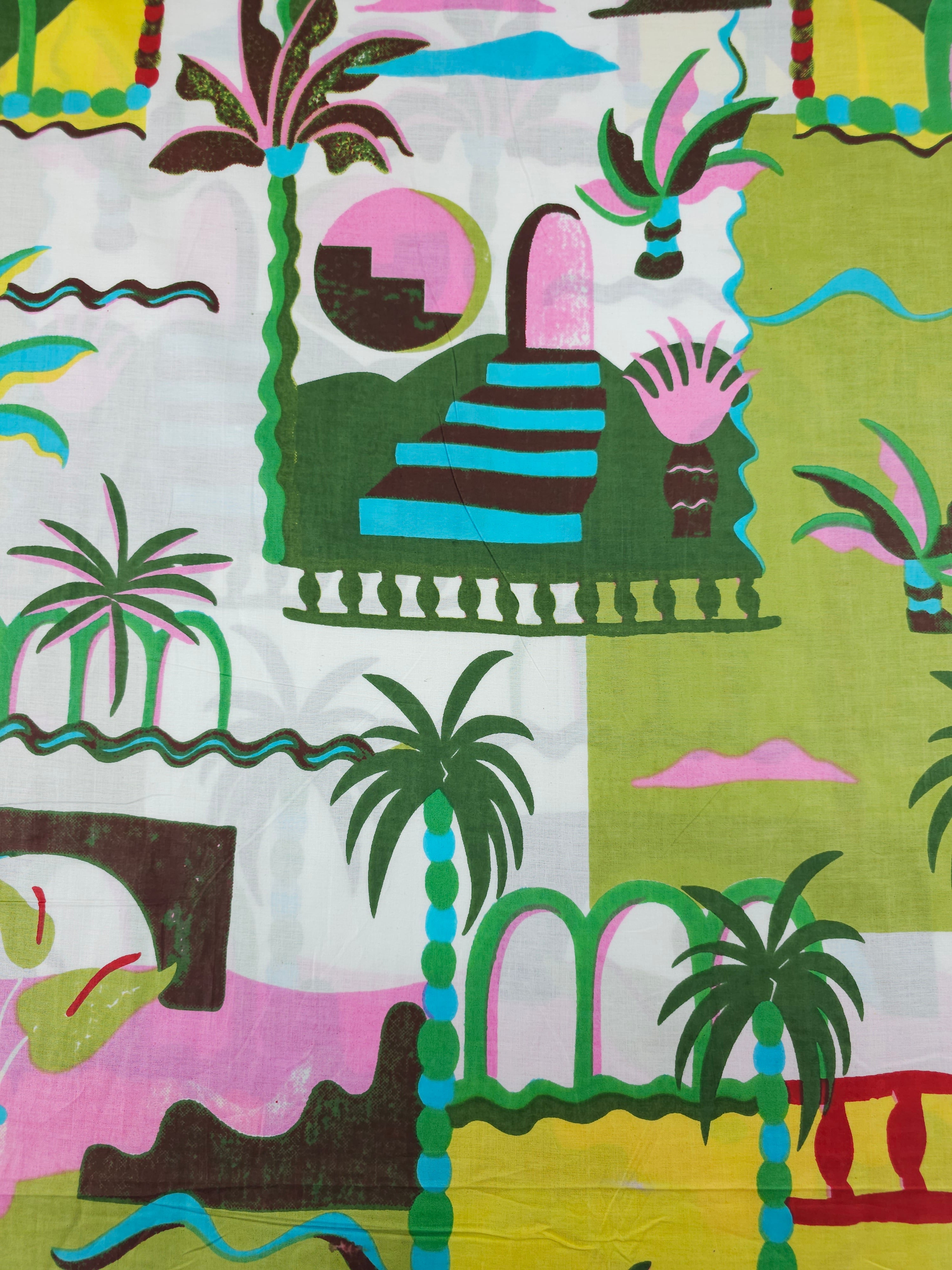 Lime/Yellow Palm Tree Scenery Cambric Cotton