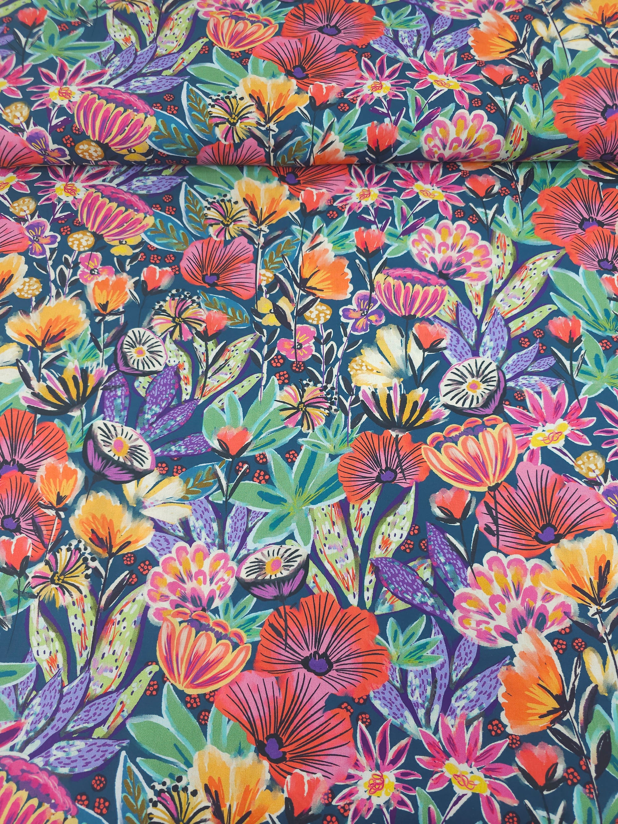 Petrol Blue Exotic Floral Carnival 100% Cotton 57"