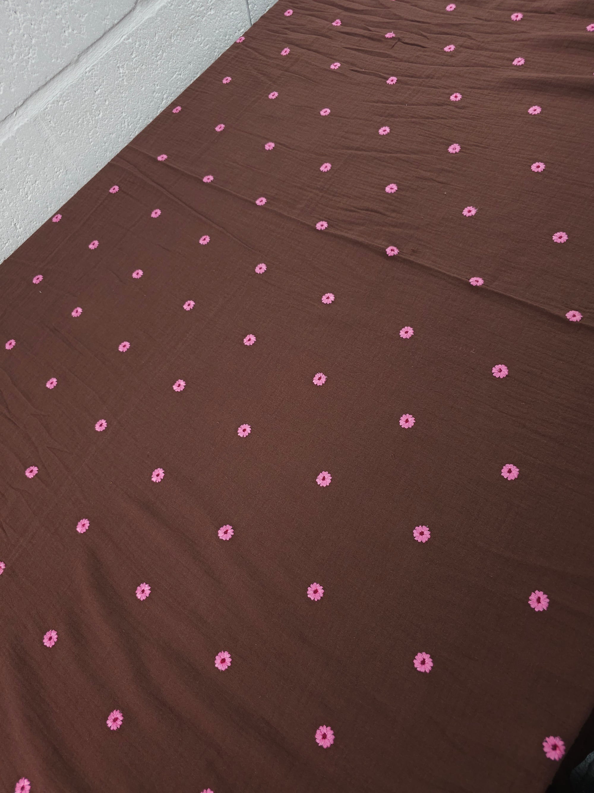 Brown/Fuchsia Daisy Double Gauze Broderie Anglaise
