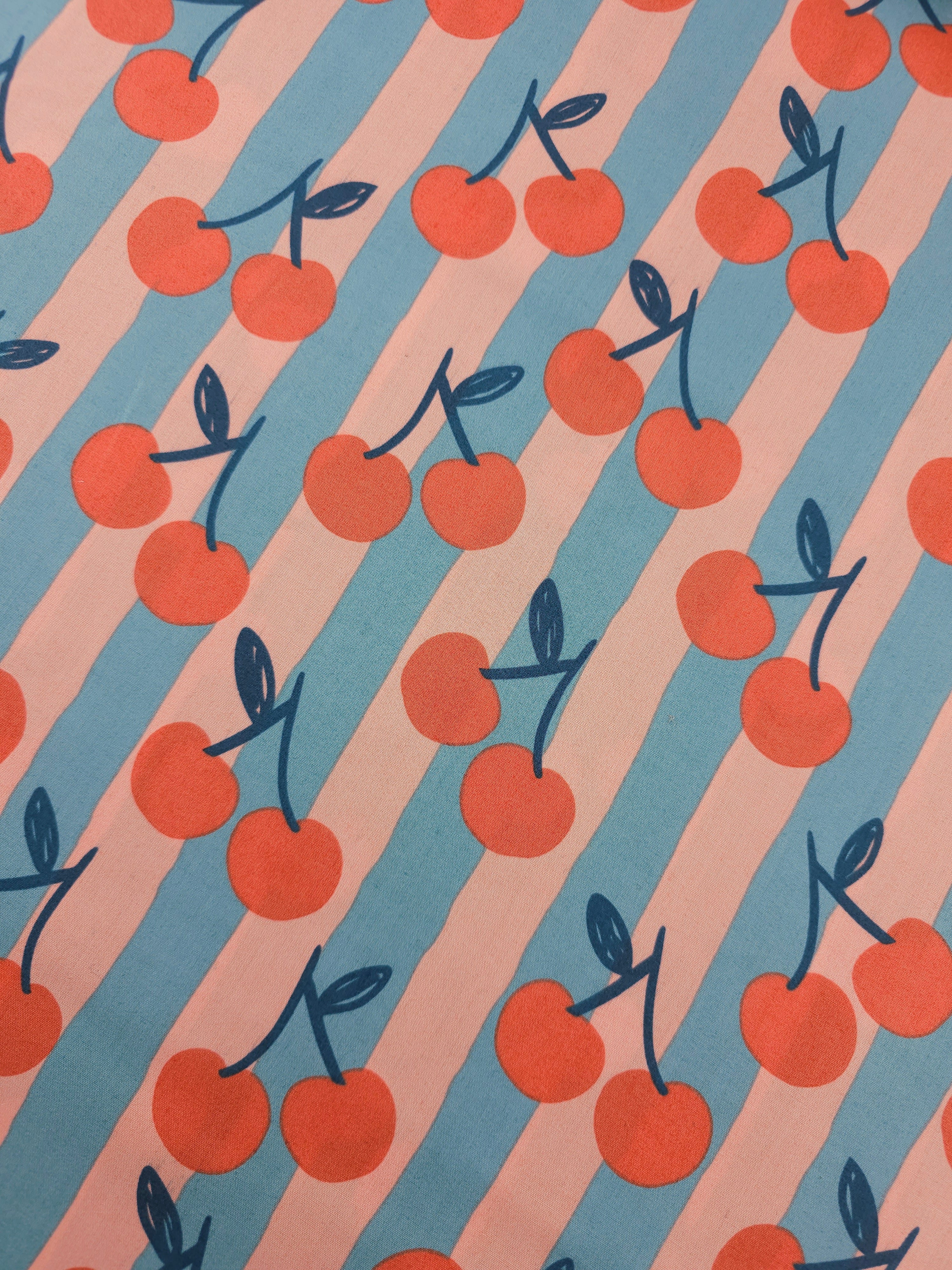 Peach/Teal Cherry Stripe 100% Cotton 57"