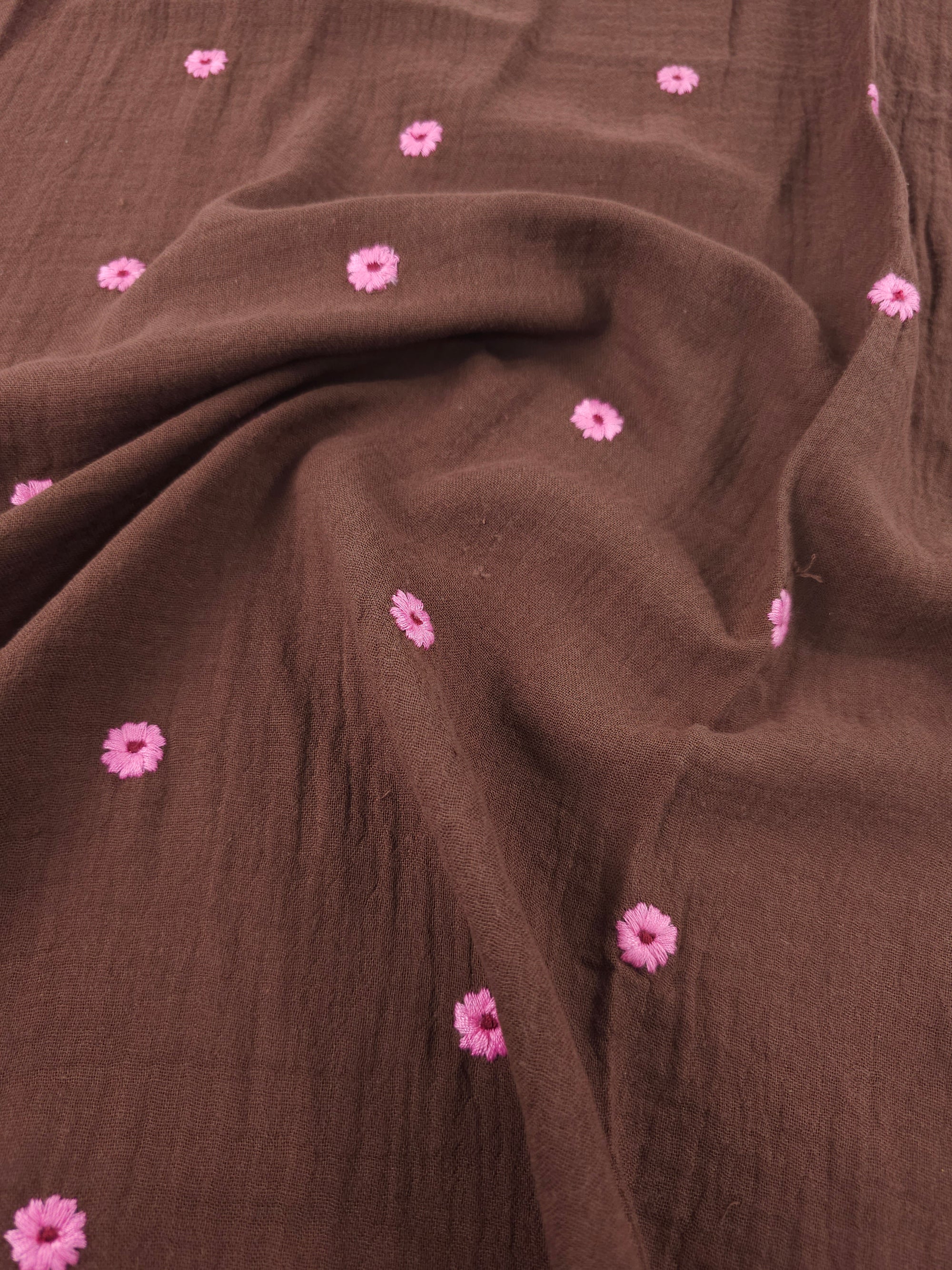 Brown/Fuchsia Daisy Double Gauze Broderie Anglaise