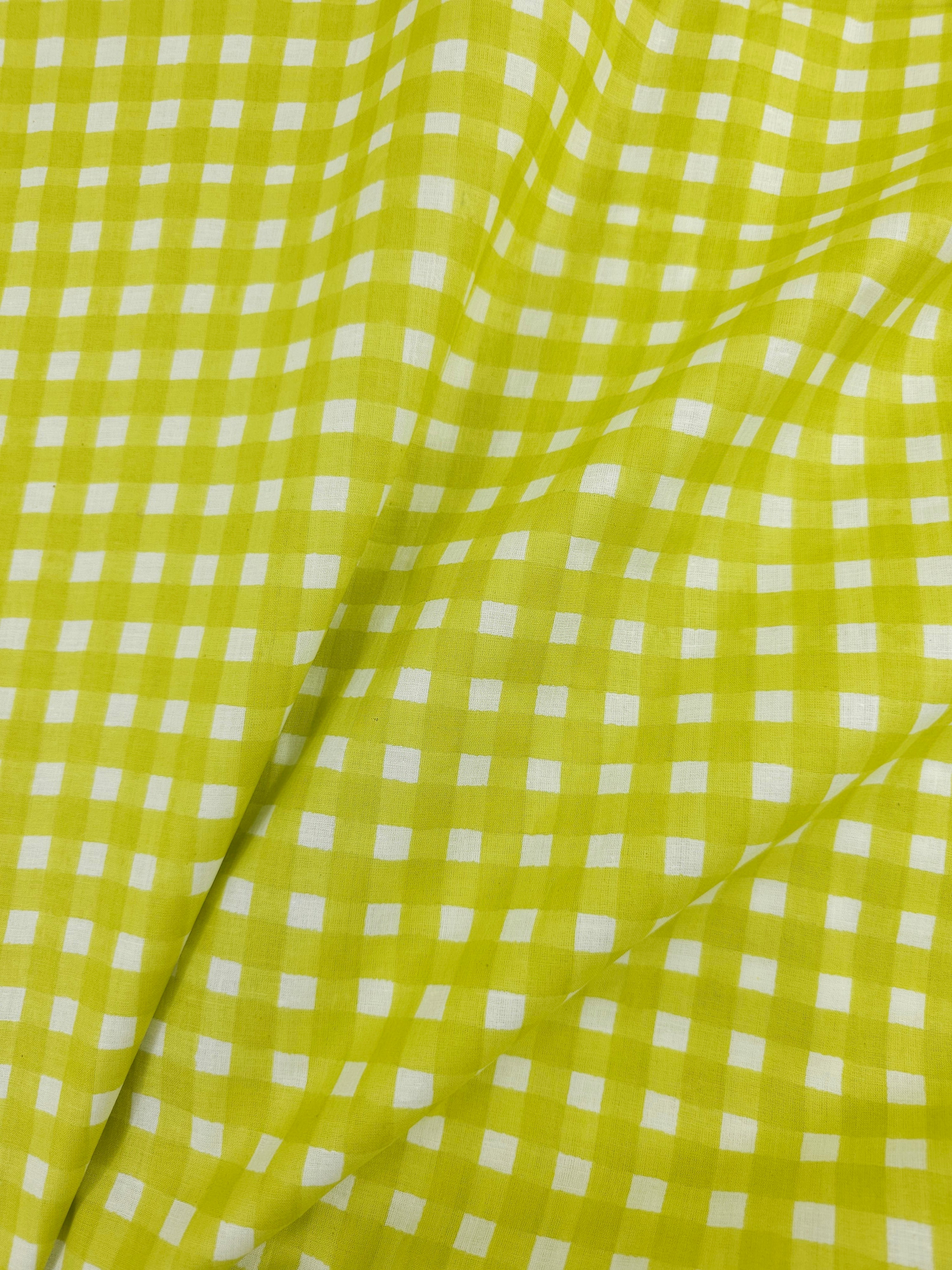 Lime Square Check Block Print Cotton