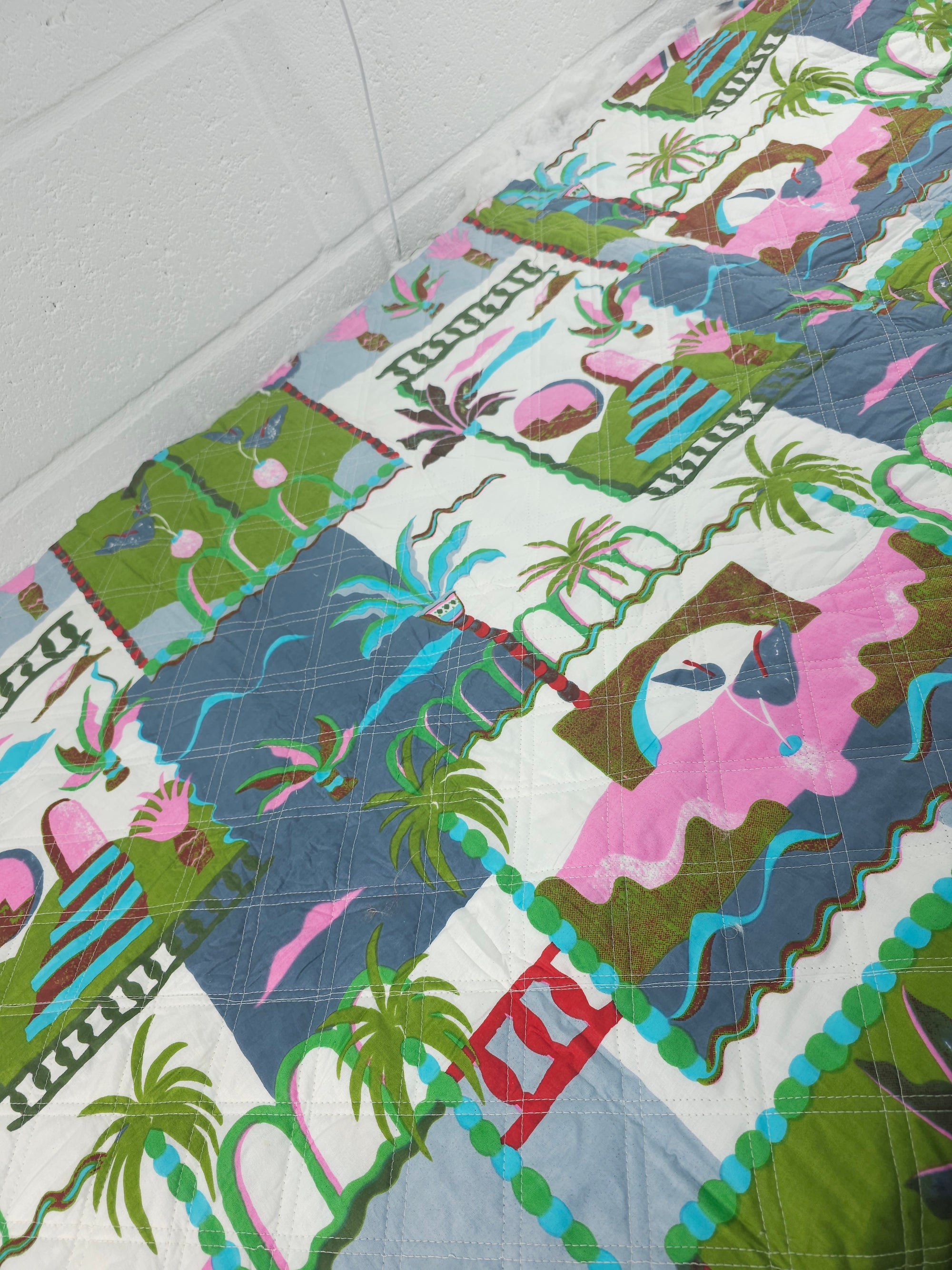 Grey/Green Palm Tree Scenery Quilted Screen Print - 1.35m Piece