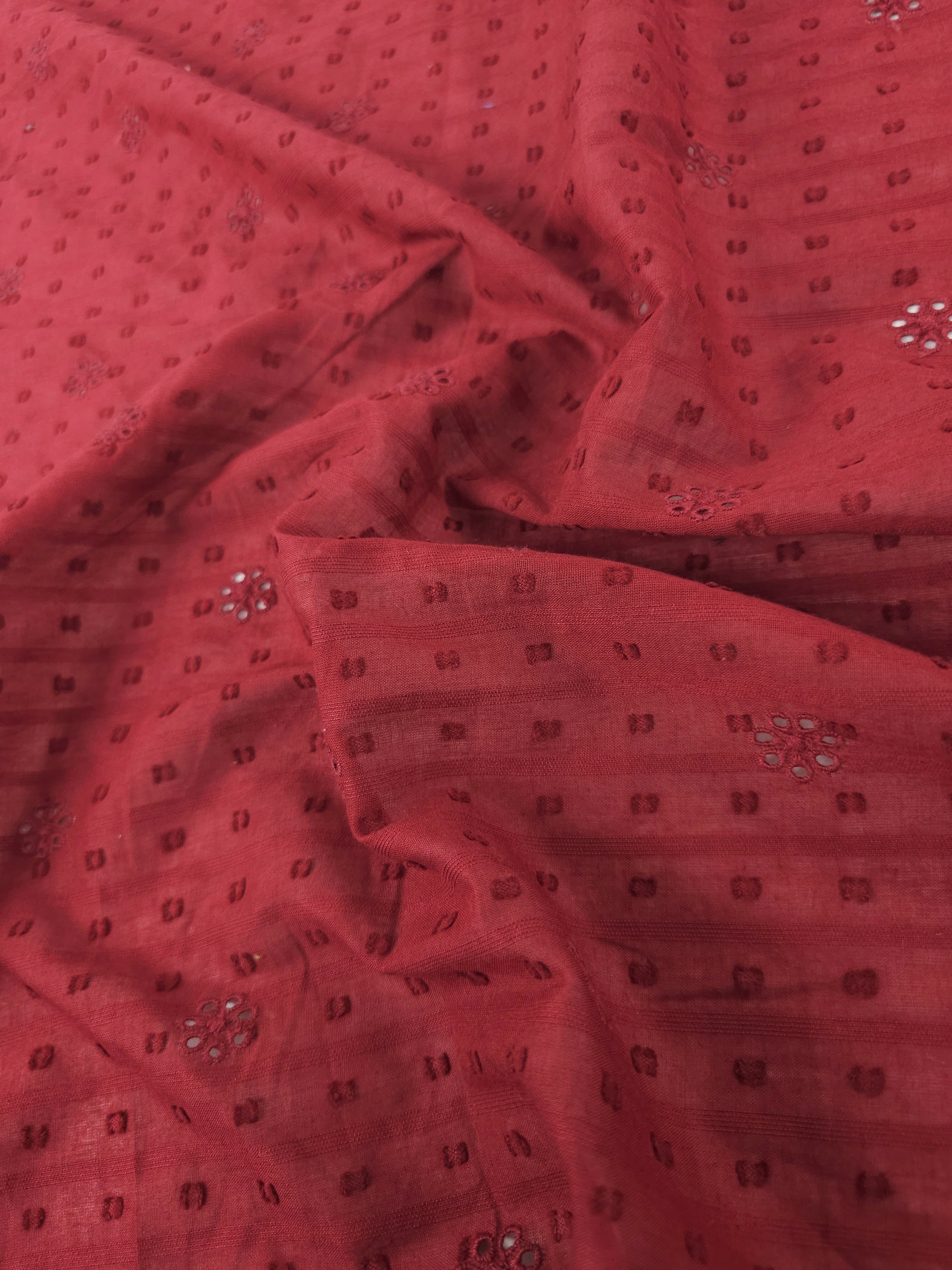 Maroony Red Dobby Flower Cambric Cotton Broderie Anglaise