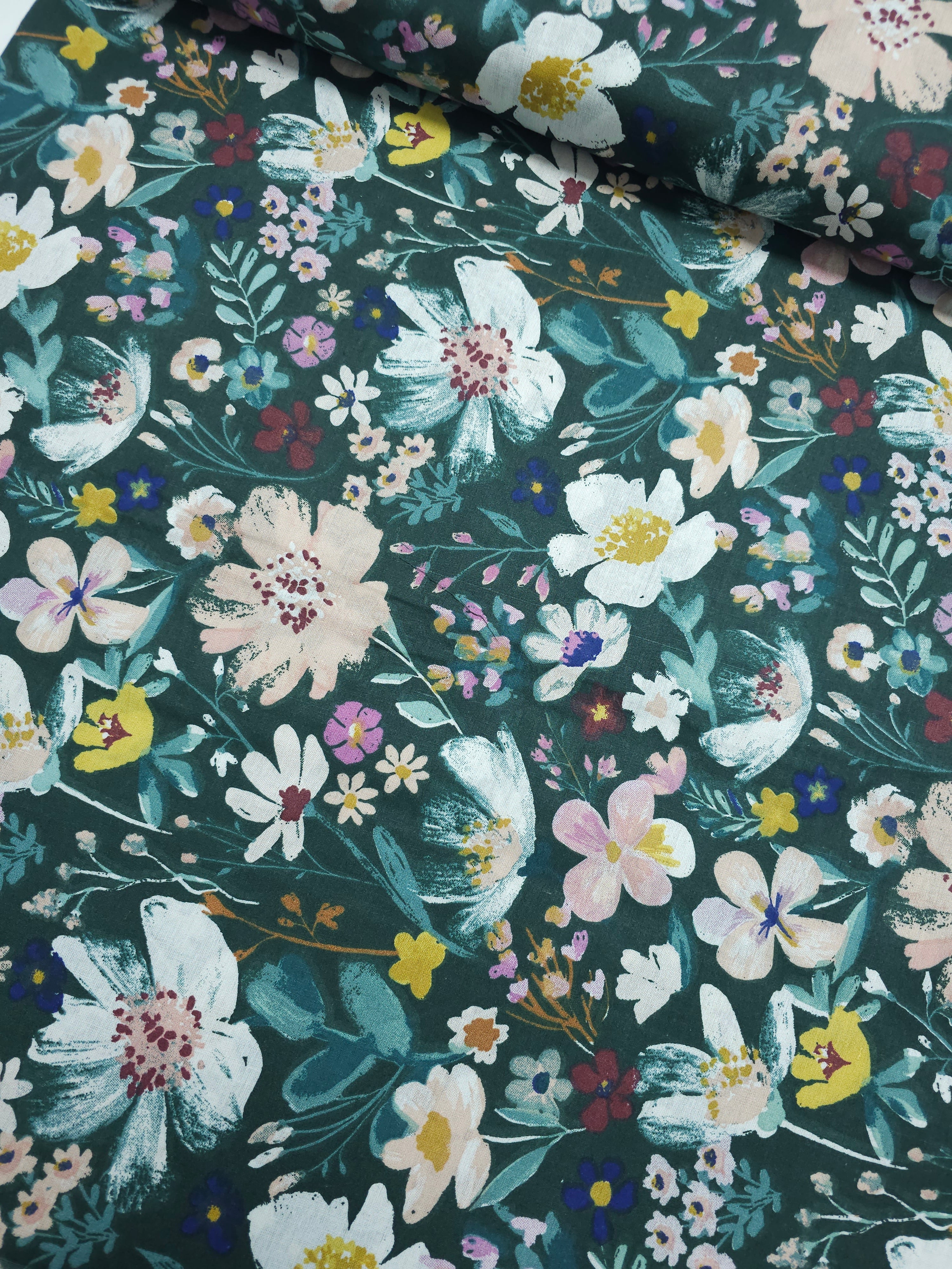 Bottle Green Floral Meadow 100% Cotton 94"
