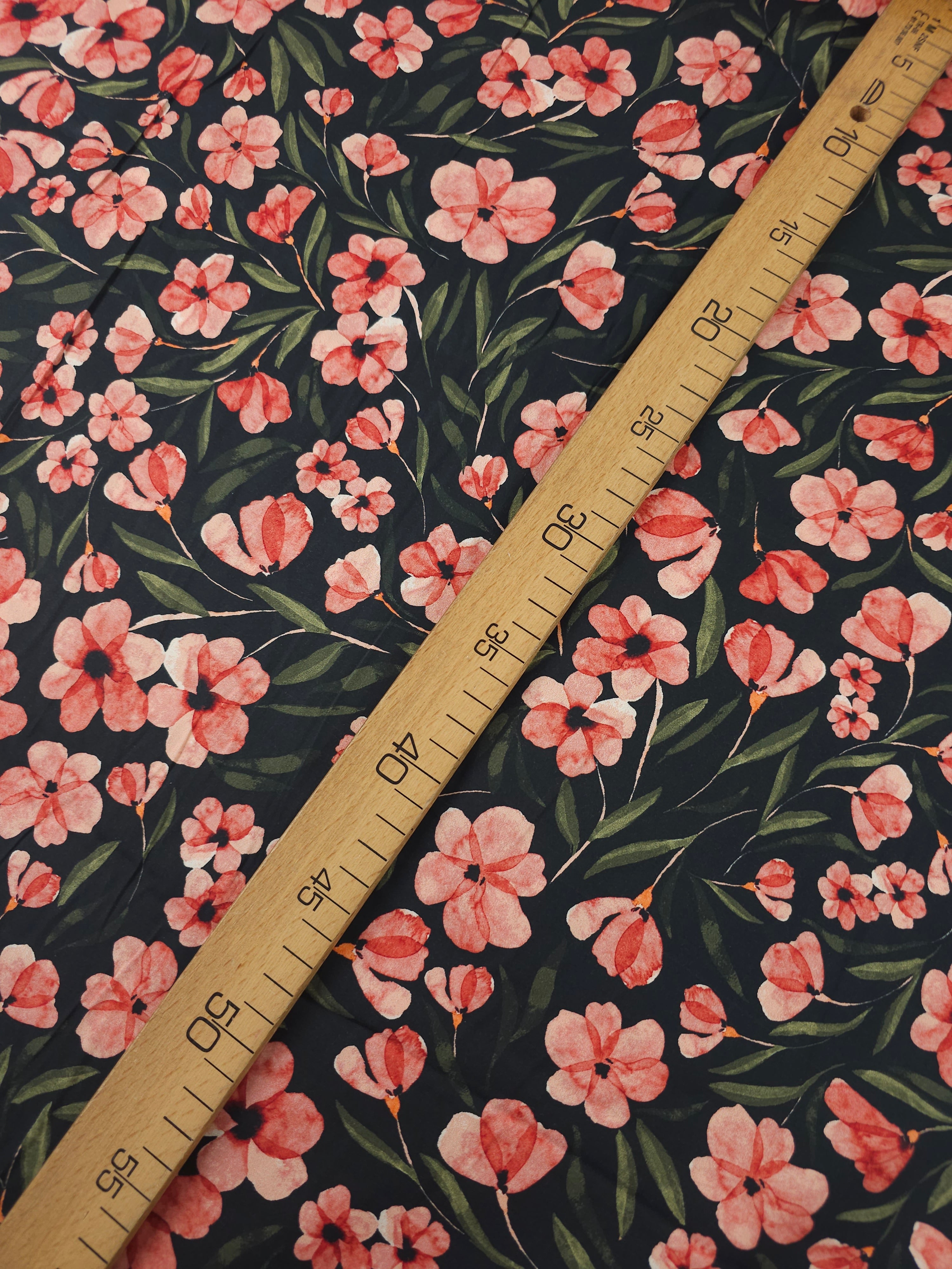 Pine Green/Coral Tossed Flower Stems Cotton Satin 57"