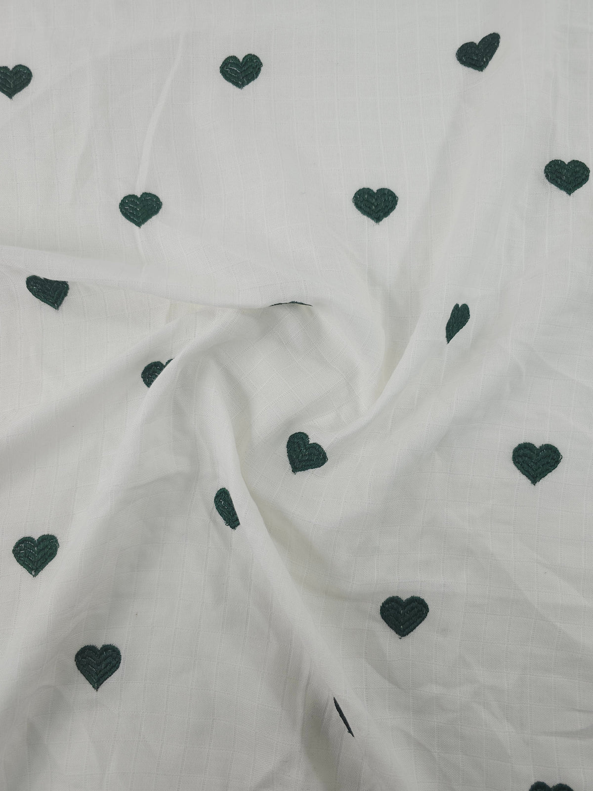 Dark Green Embroidered Hearts Grid Double Gauze