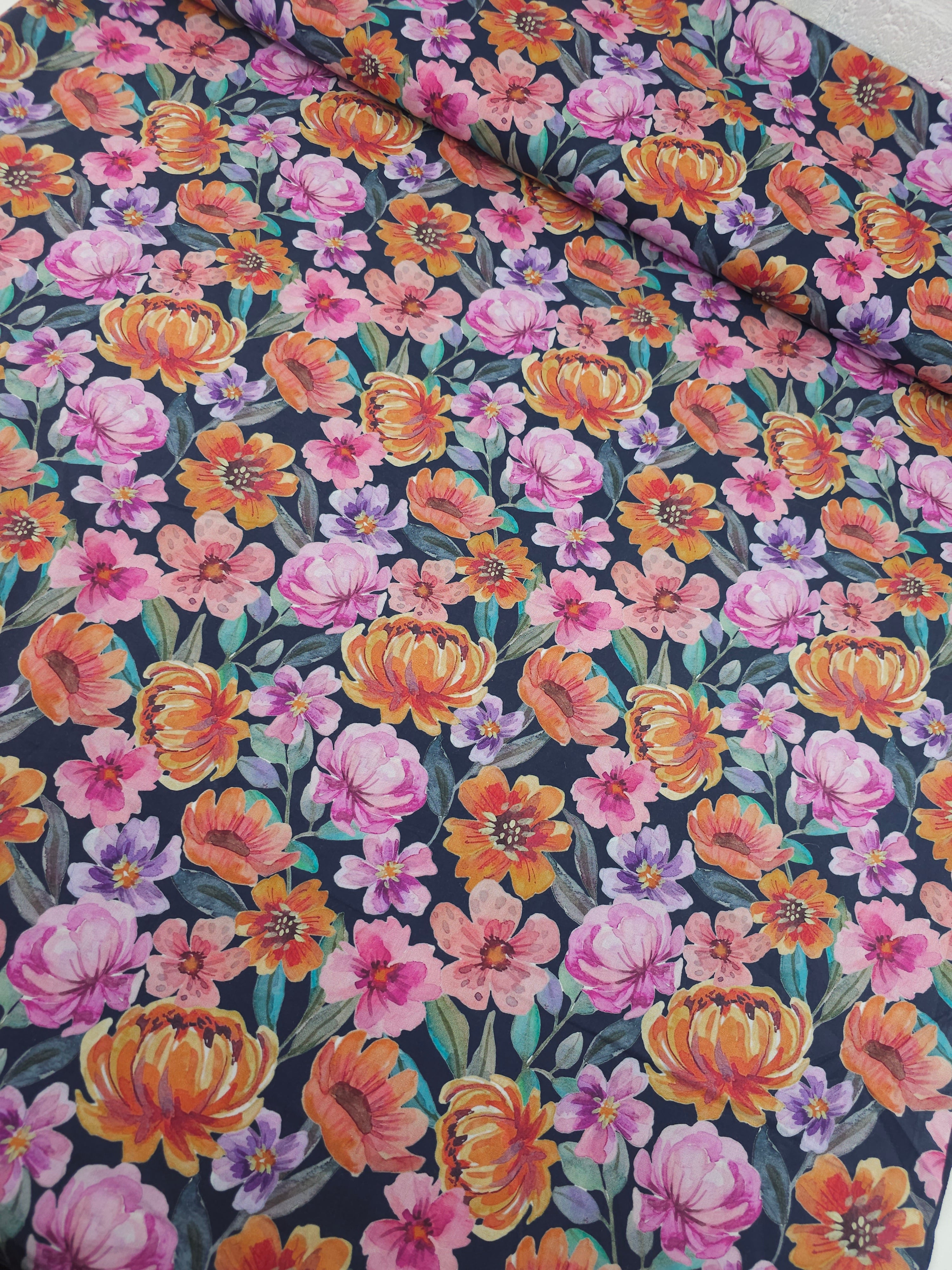 Summer Watercolour Florals On Teal Fine Cotton Poplin 57"