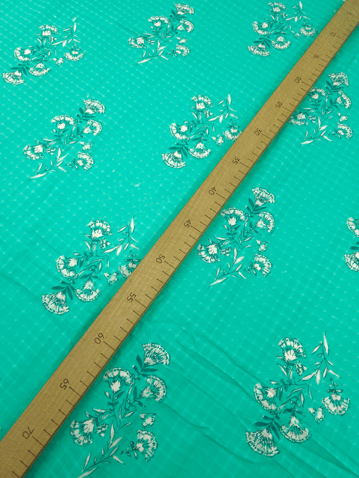 Aqua Green Floral Stem Grid Cambric Cotton