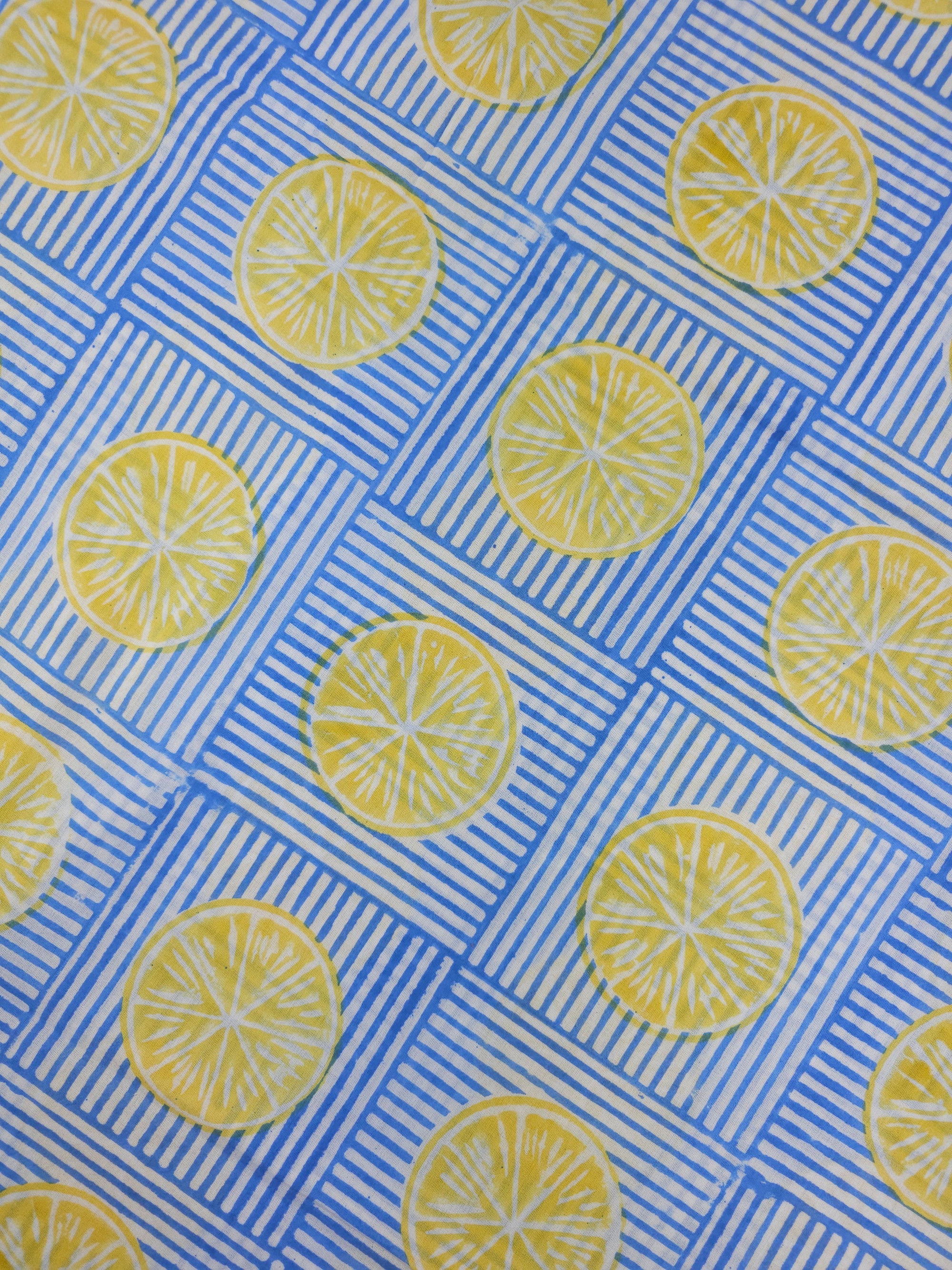 Lemon Stripe Tile Block Print Cotton