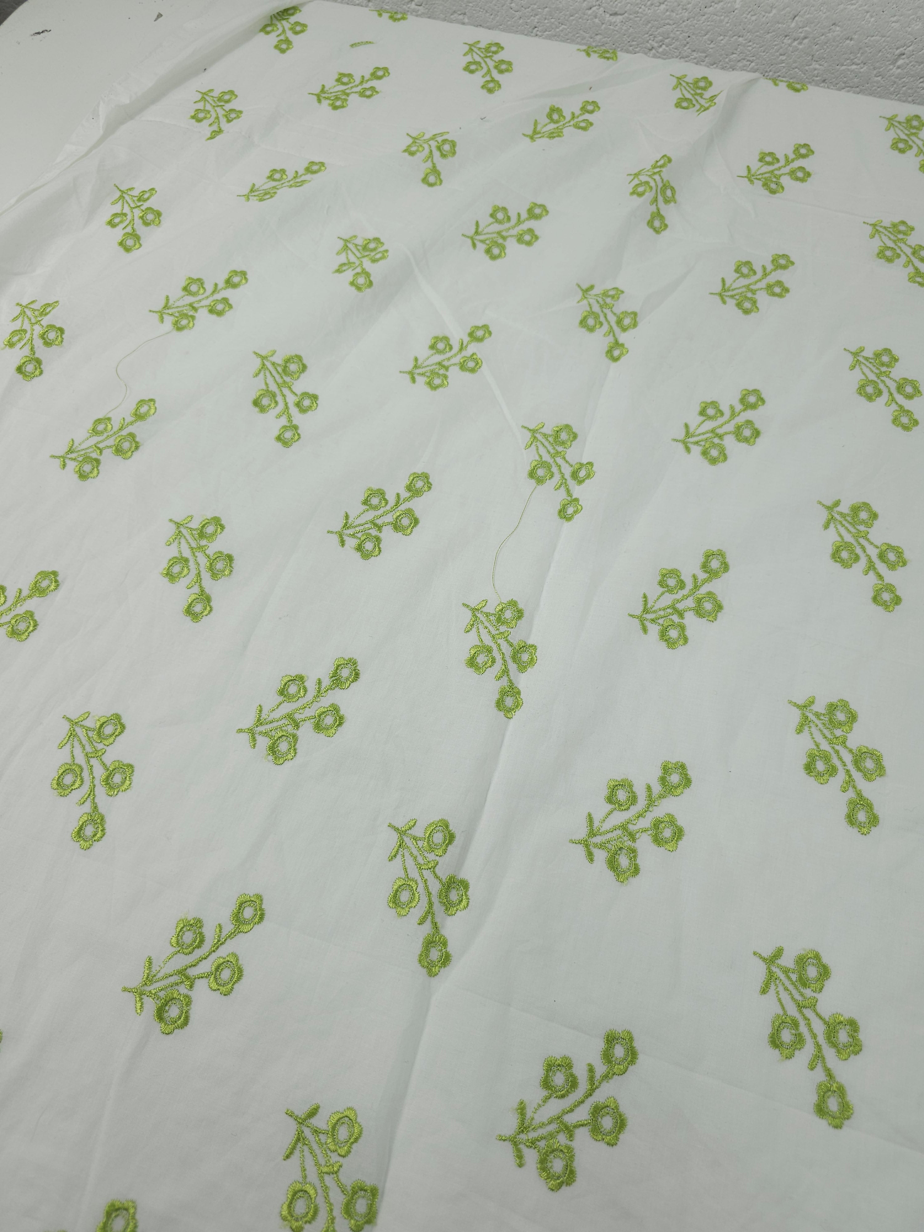 Lime Green Flower Stems Cotton Poplin Broderie Anglaise