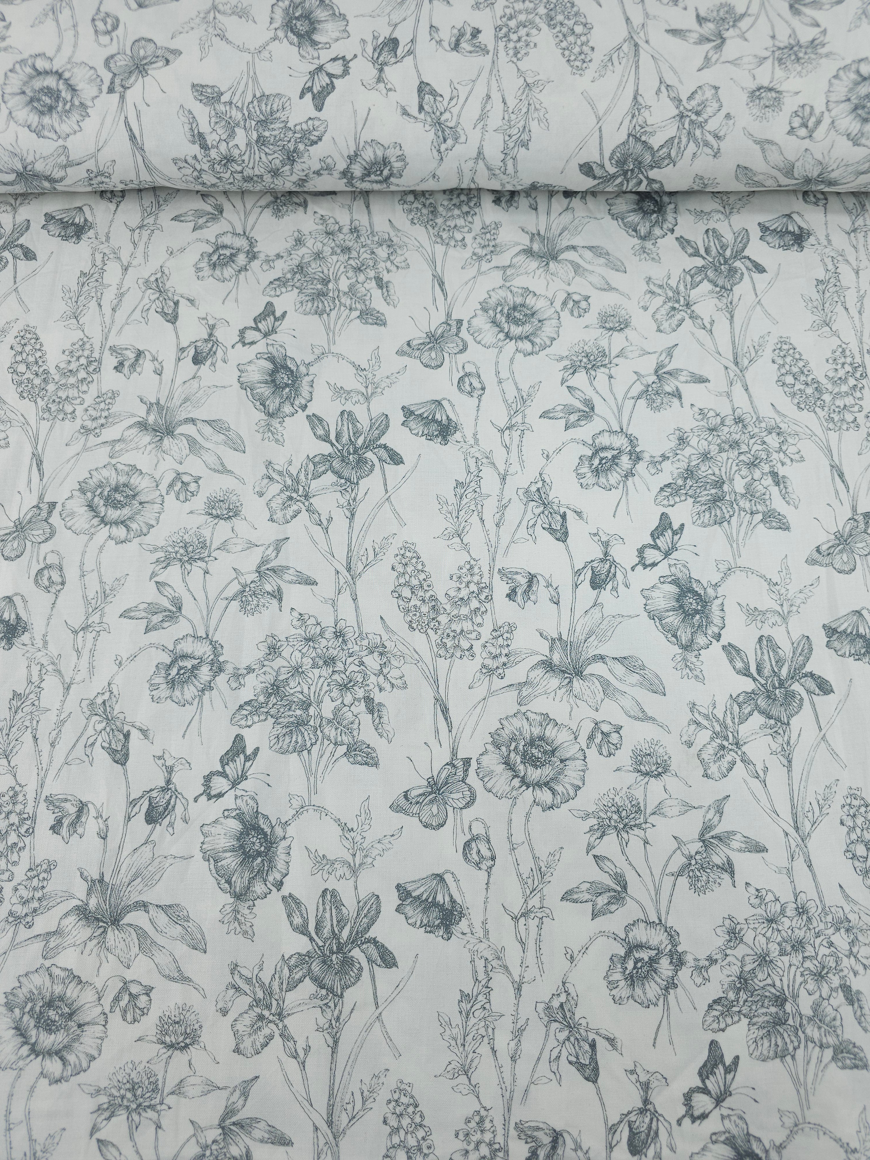 White/Grey Vintage Sketch Garden 100% Cotton