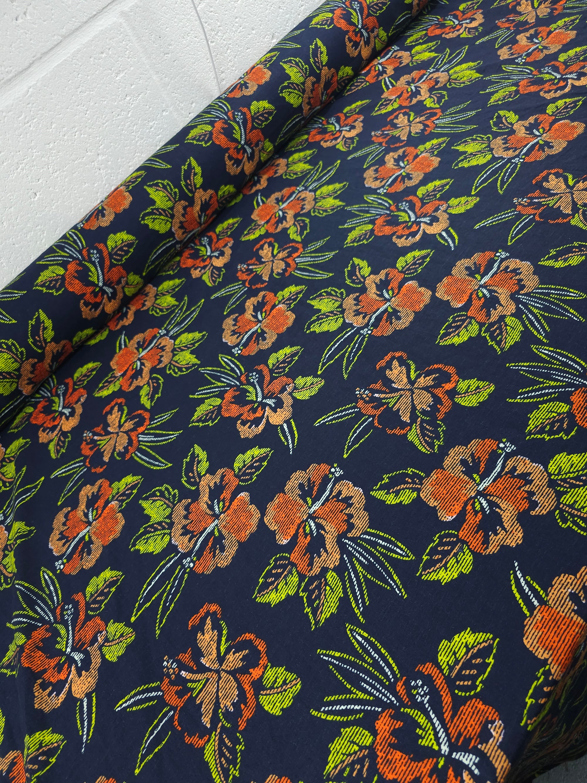 Navy/Orange Static Hibiscus Floral Soft Cotton