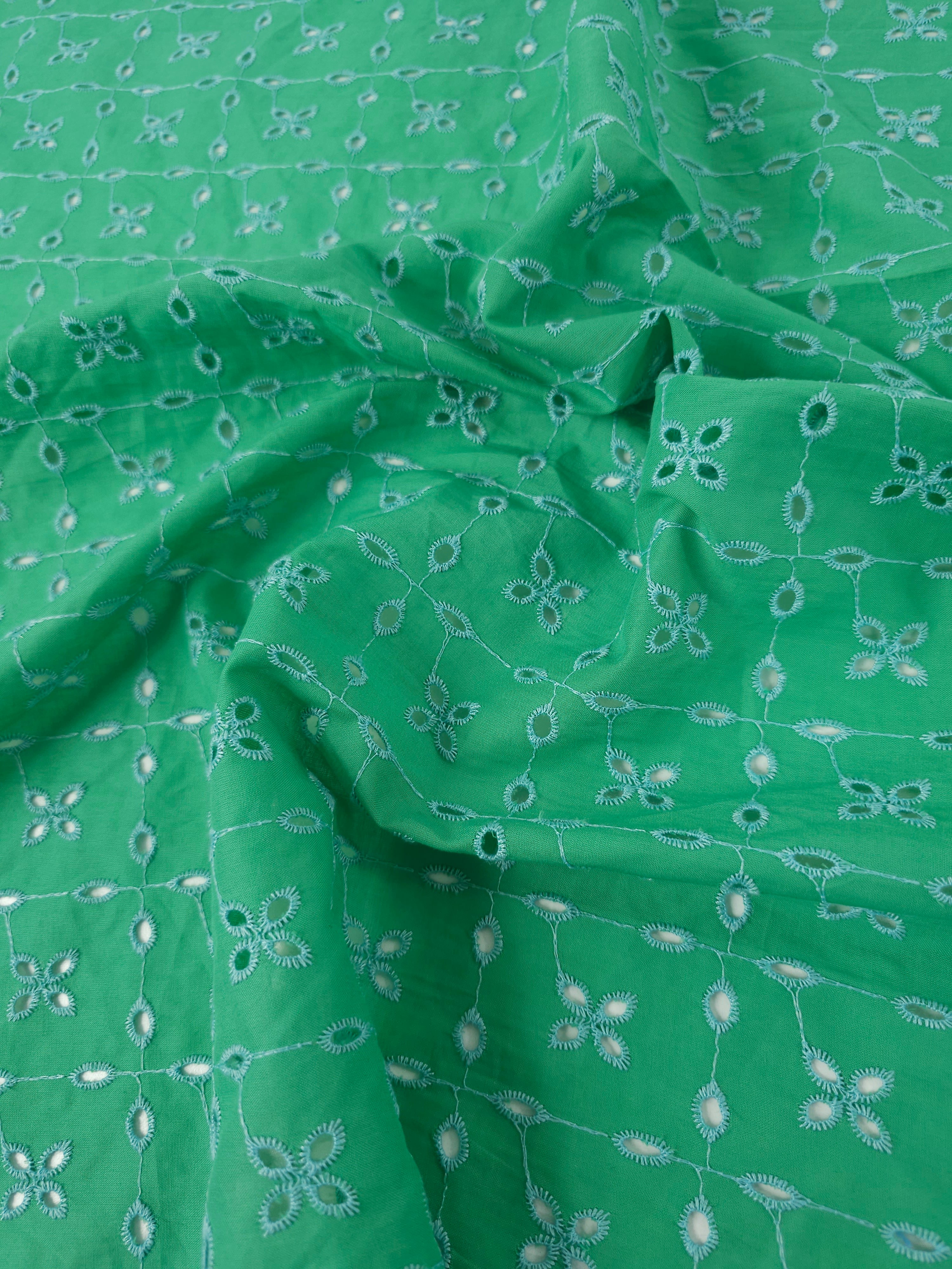 Green/Blue Petal Square Grid Cambric Cotton Broderie Anglaise