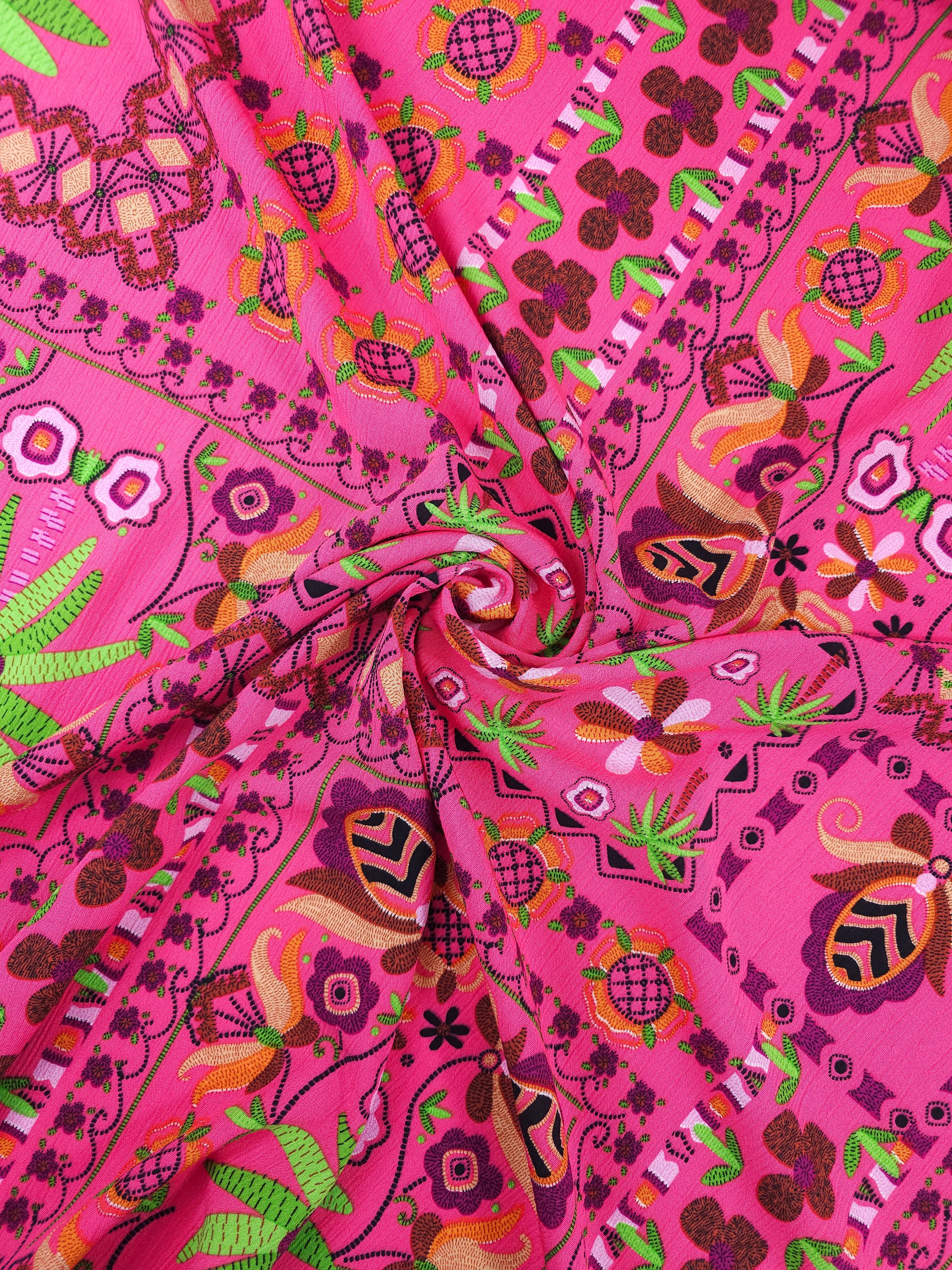Fuchsia Pink Boho Retro Viscose Crepe