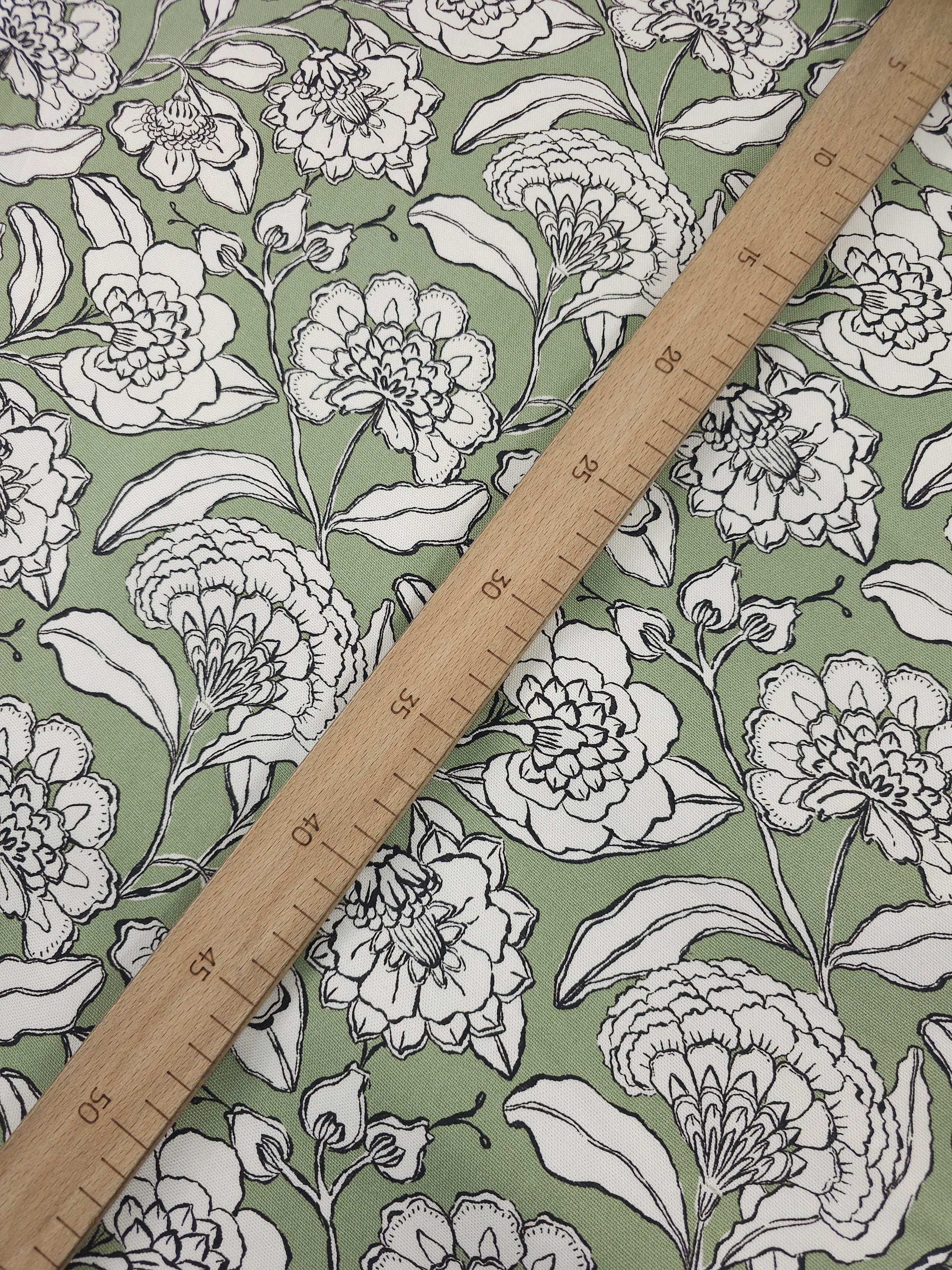 Sage Green Sketch Floral Lightweight Canvas Cotton