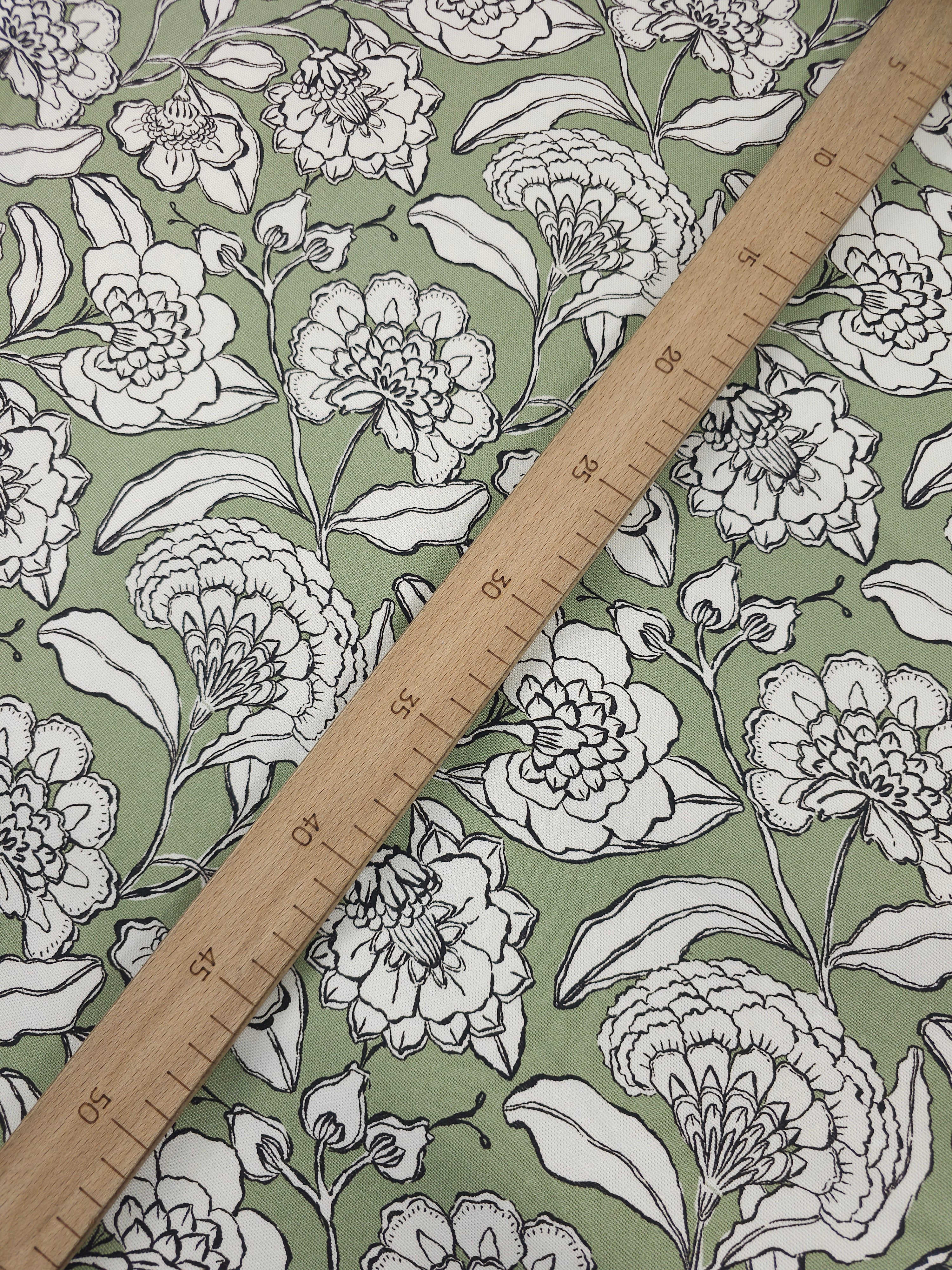 Sage Green Sketch Floral Lightweight Canvas Cotton