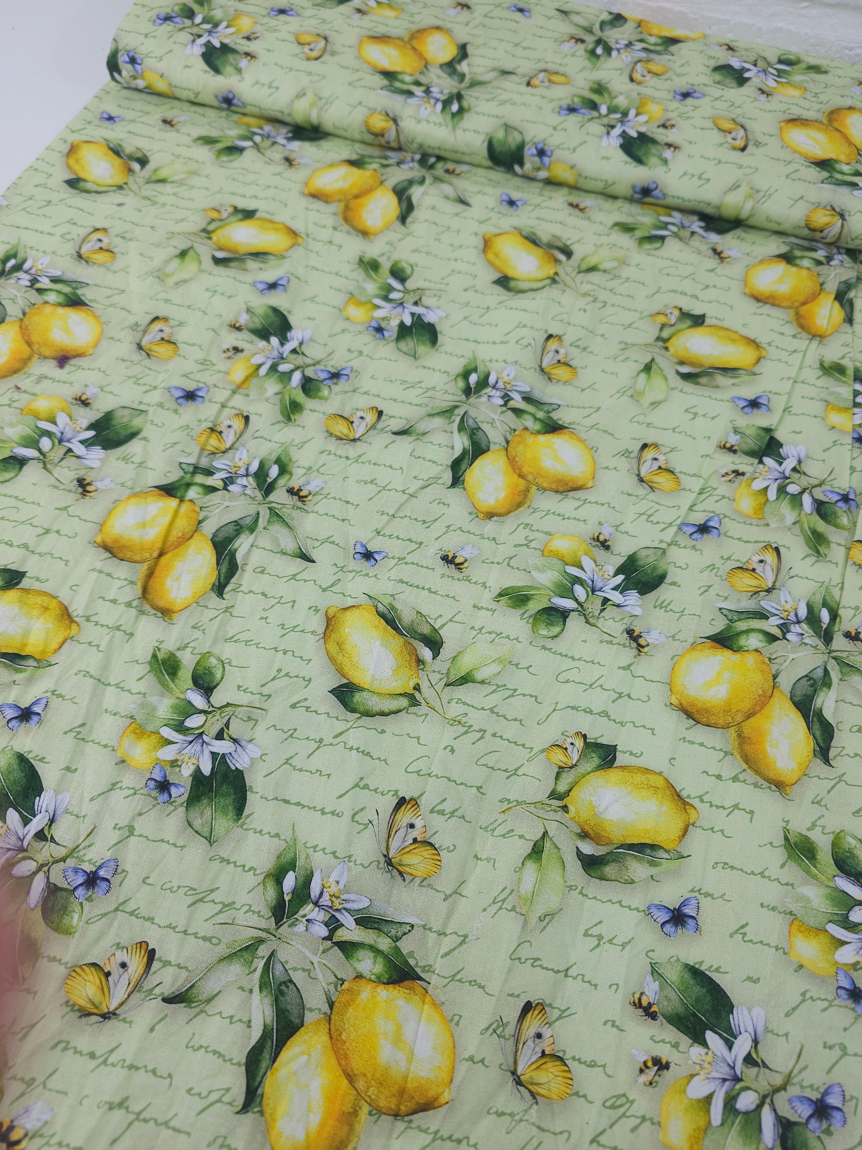 Retro Lemon Floral Script 100% Cotton