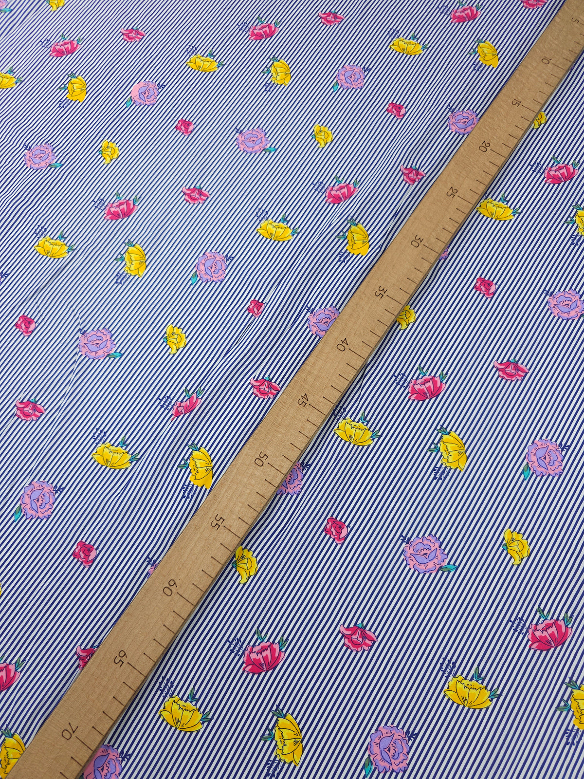 Navy Pinstripe Tossed Floral Viscose Challis