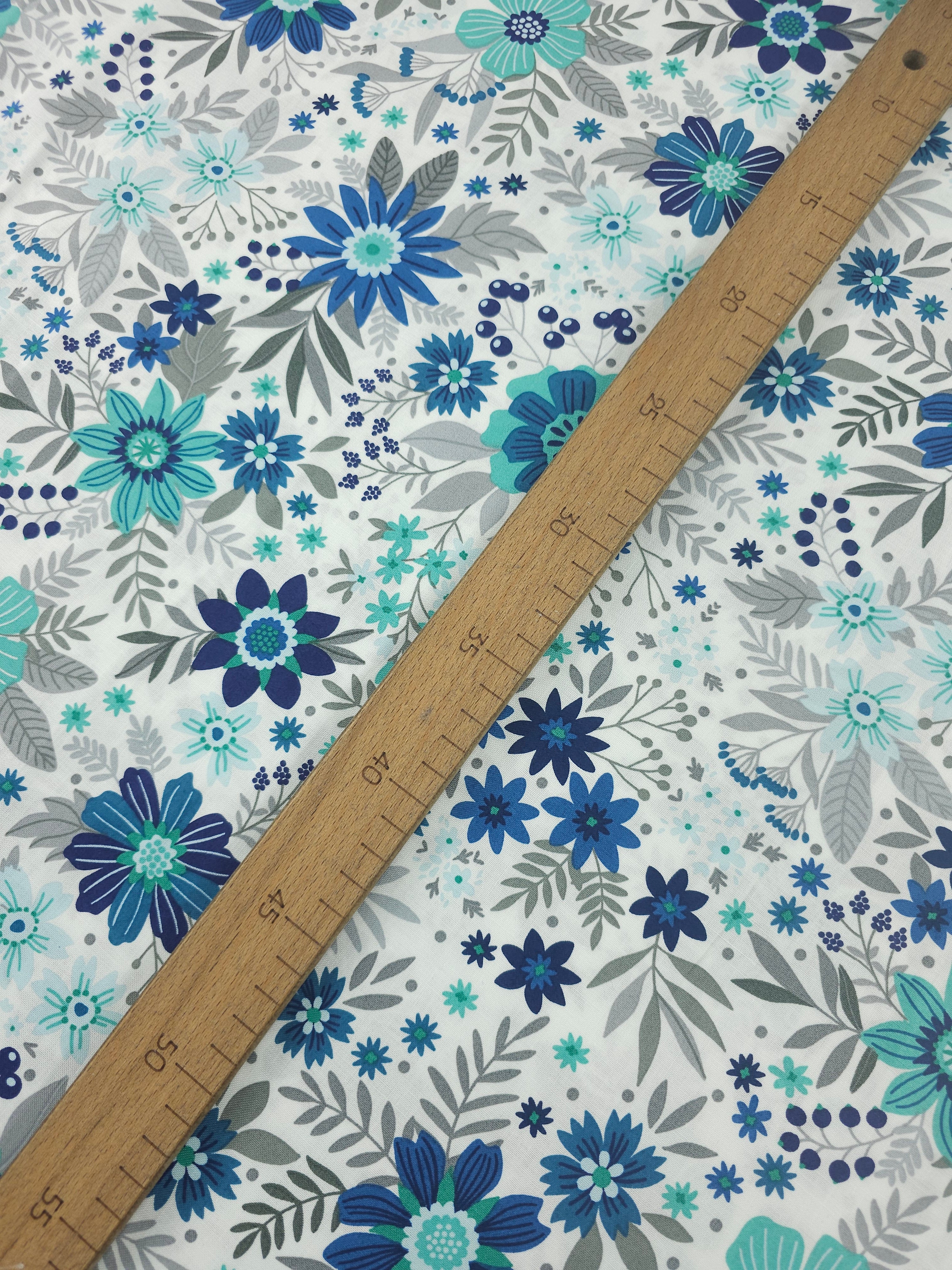 Teal/Grey Cottage Garden Floral 100% Cotton - Benartex