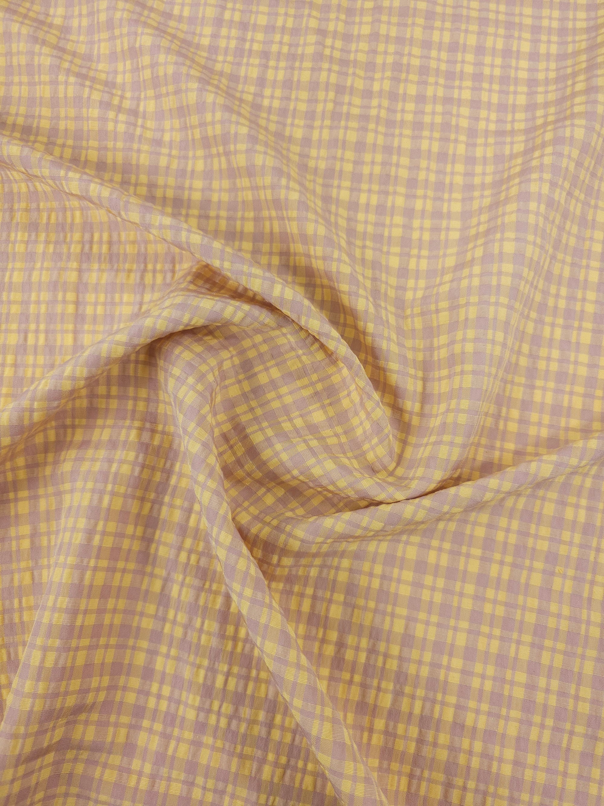 Mauve/Yellow Tartan Crinkle Cotton