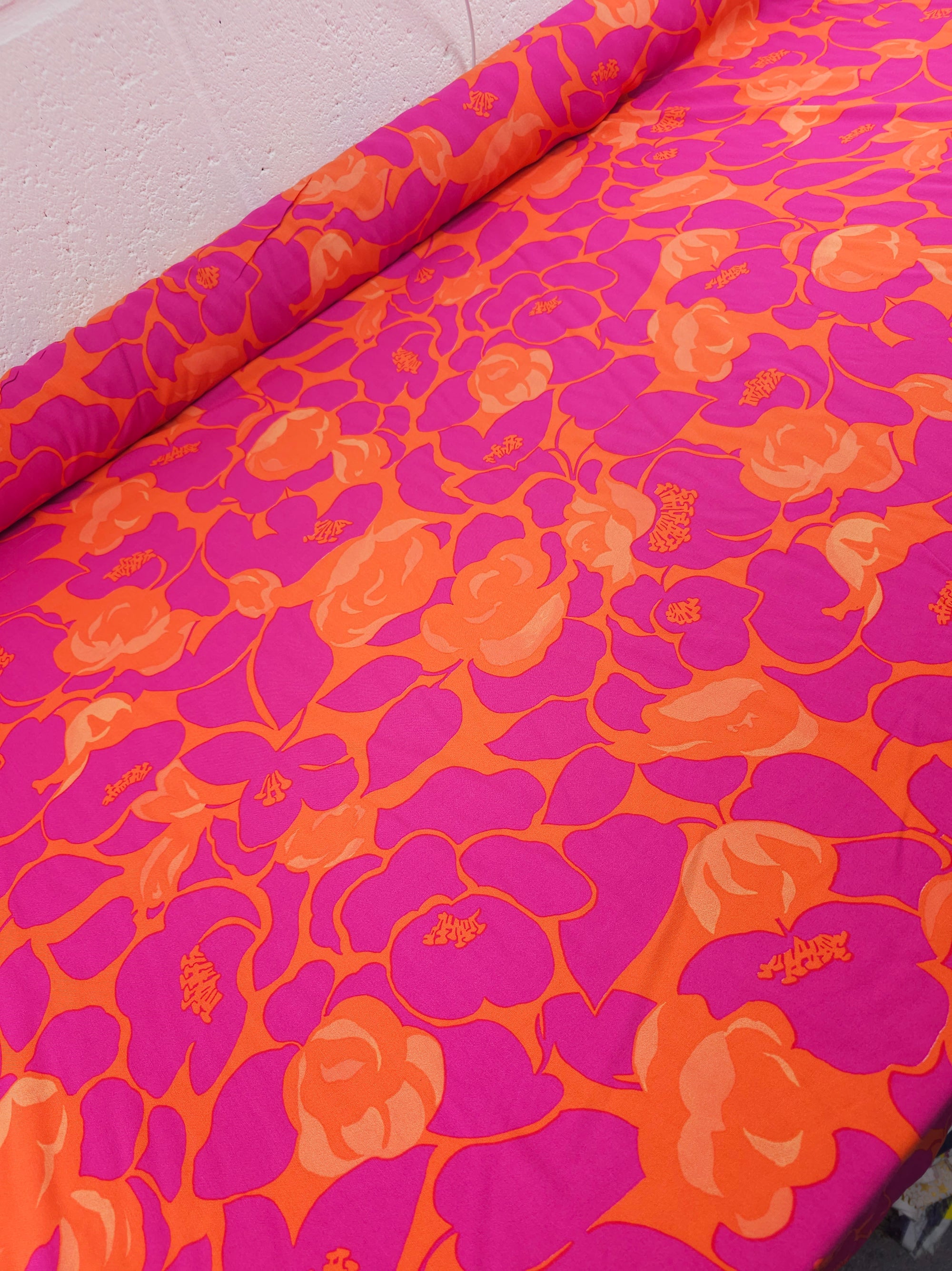 Hot Pink/Orange Petal Floral Viscose Challis