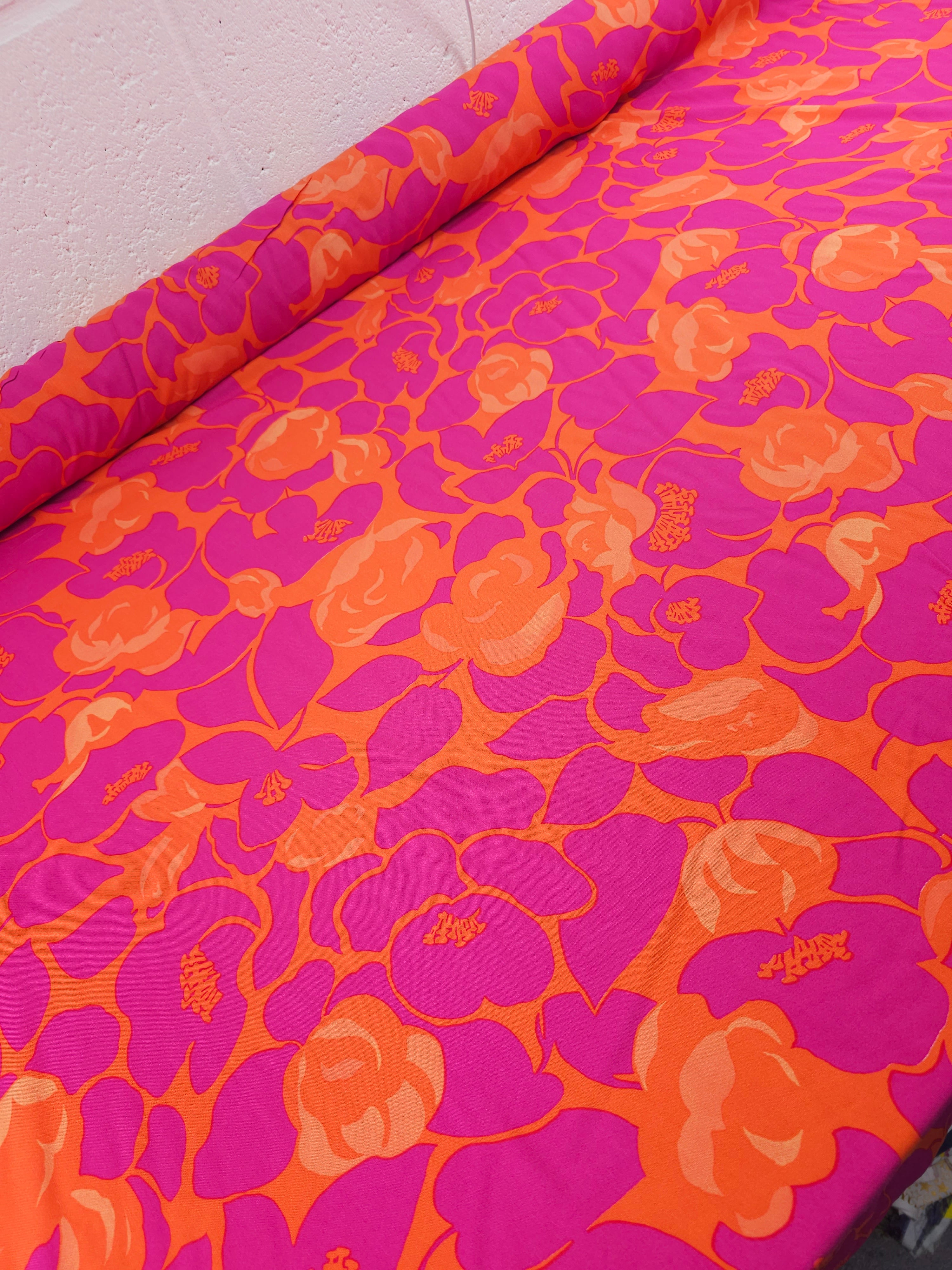 Hot Pink/Orange Petal Floral Viscose Challis