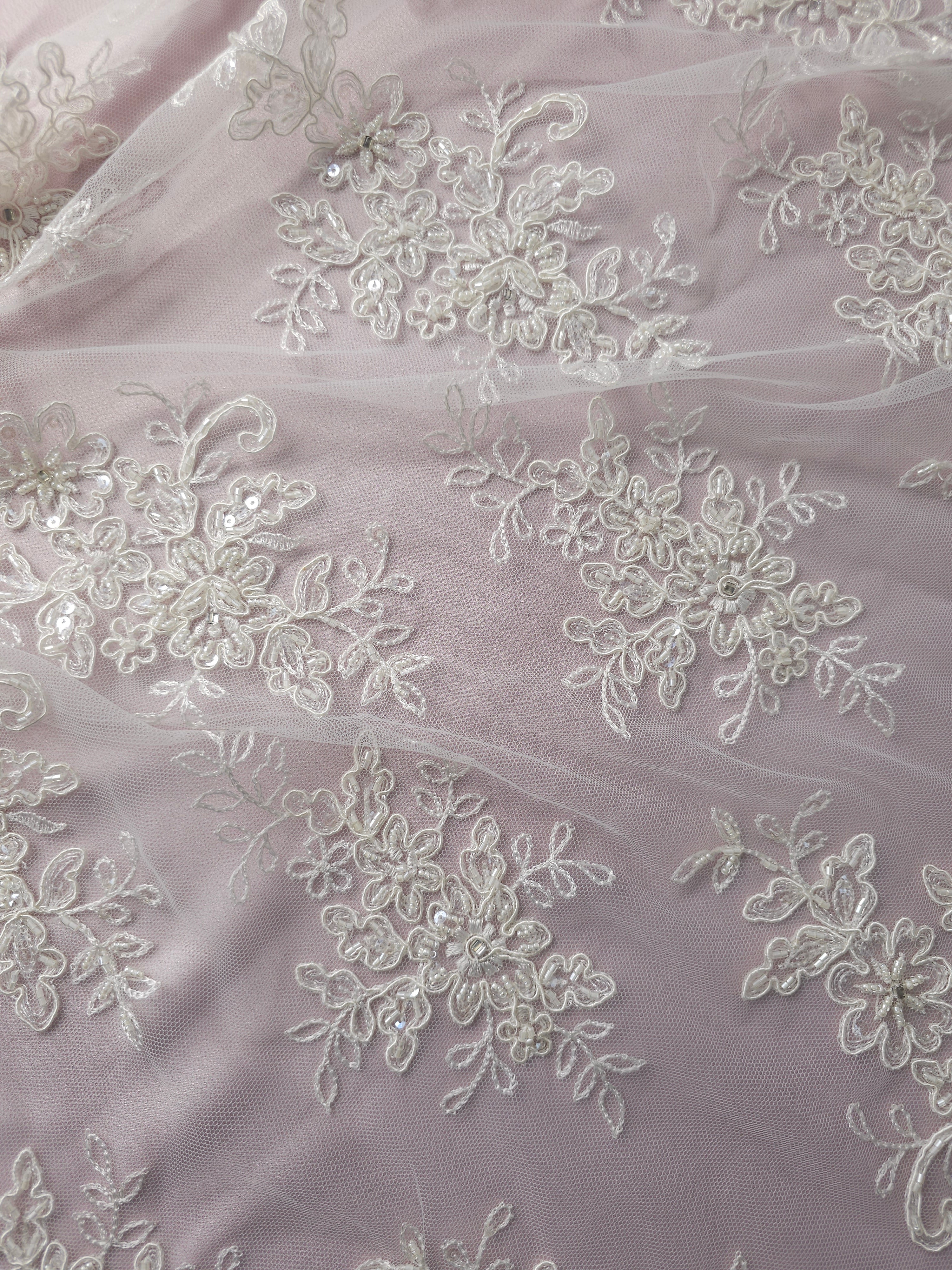 *Karina* Ivory Floral Sequin Patch Lace