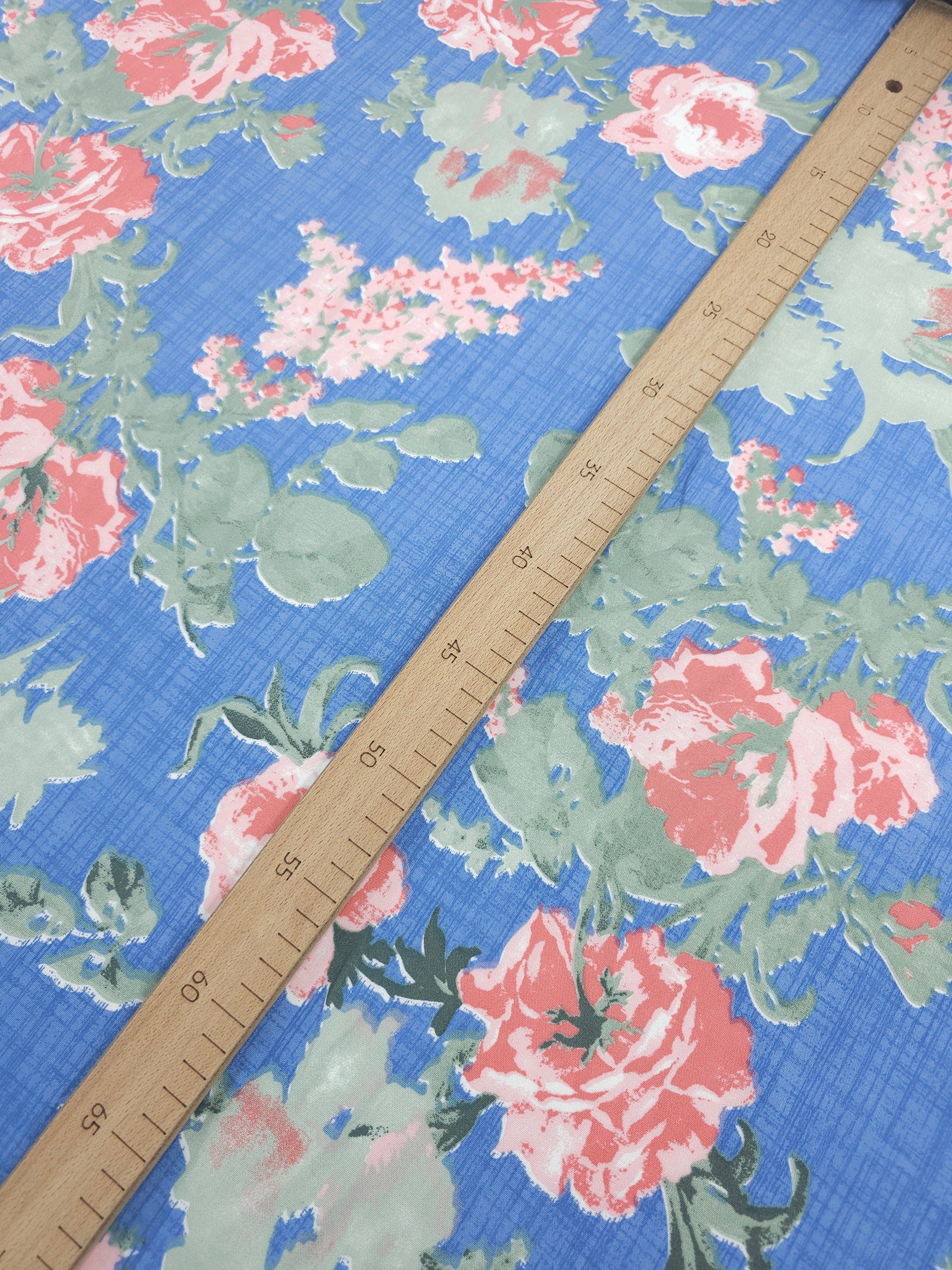 Soft Blue/Coral Rose Bunch Viscose Challis