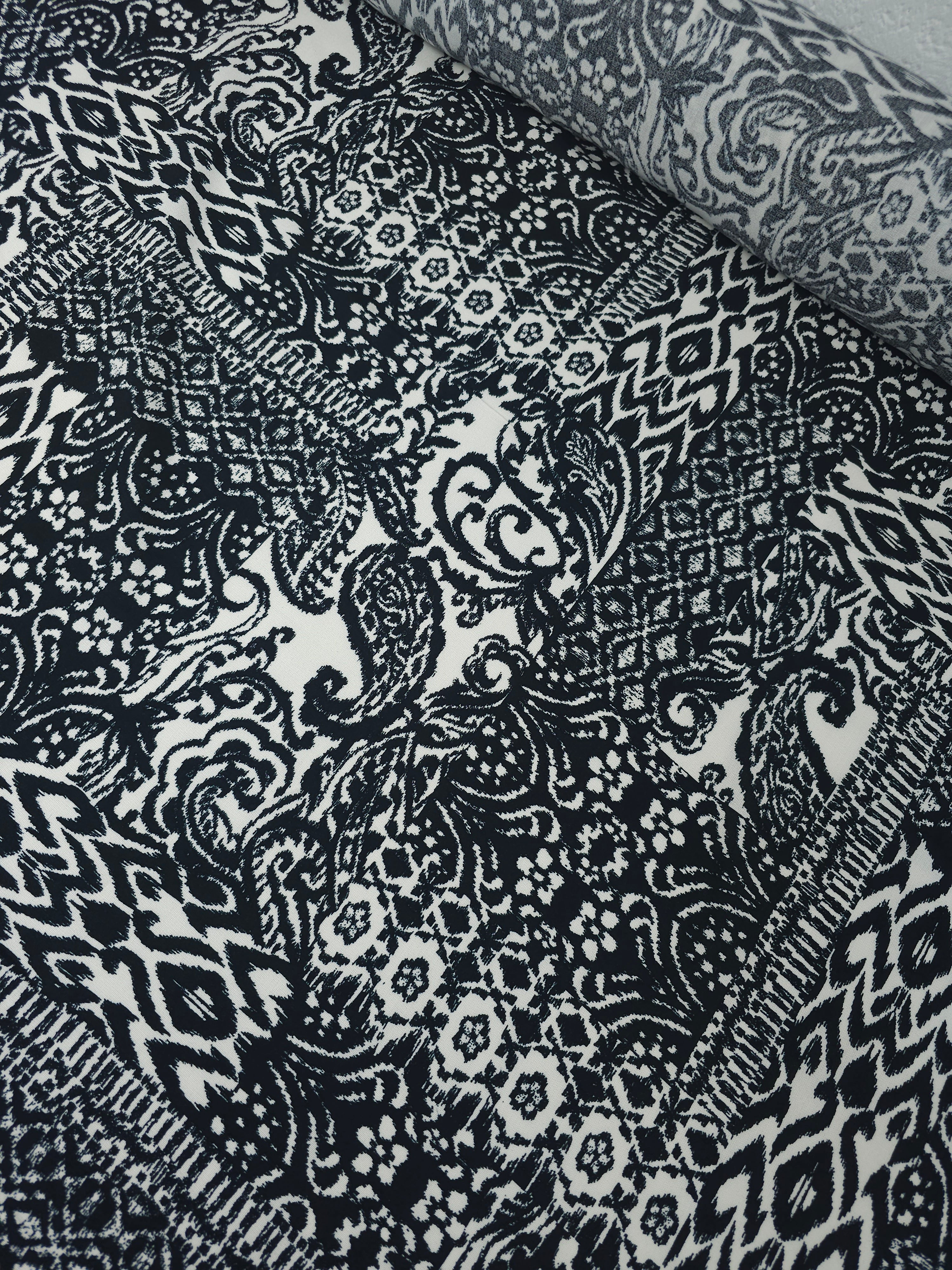 Black Abstract Damask Viscose Challis