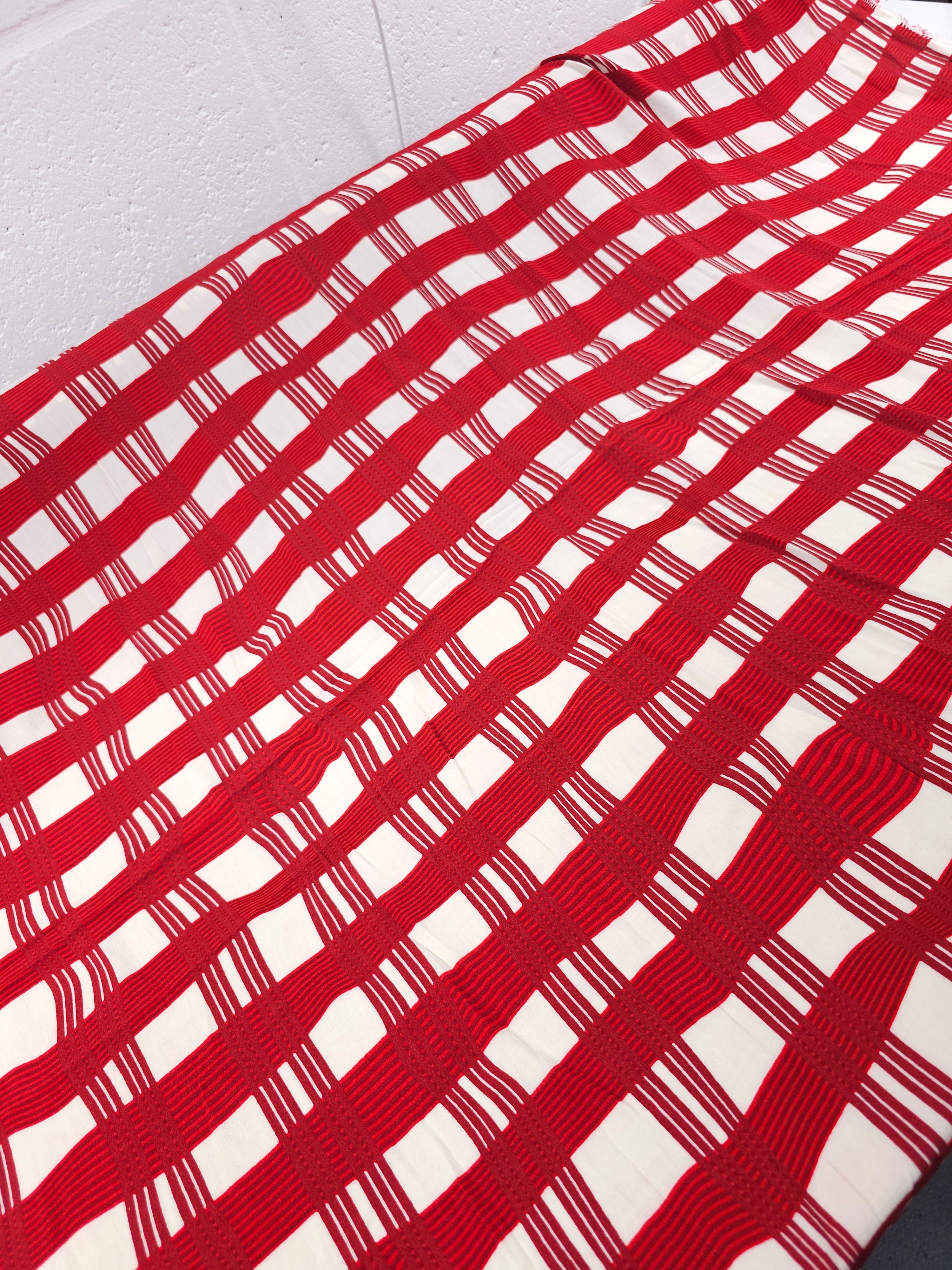 Red Wavy Grid Viscose Crepe