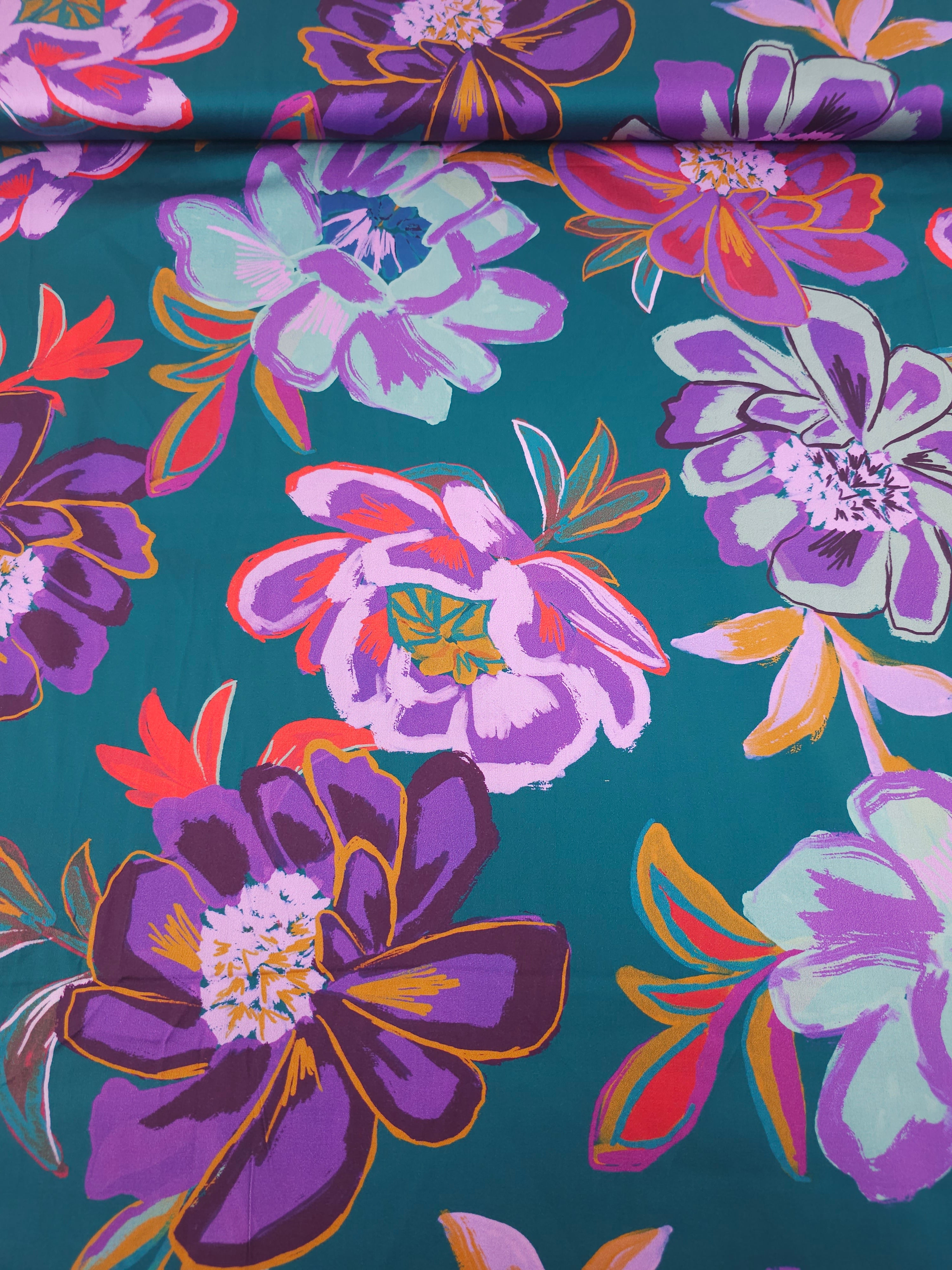Teal/Purple Large Watercolour Floral Cotton Satin 60"