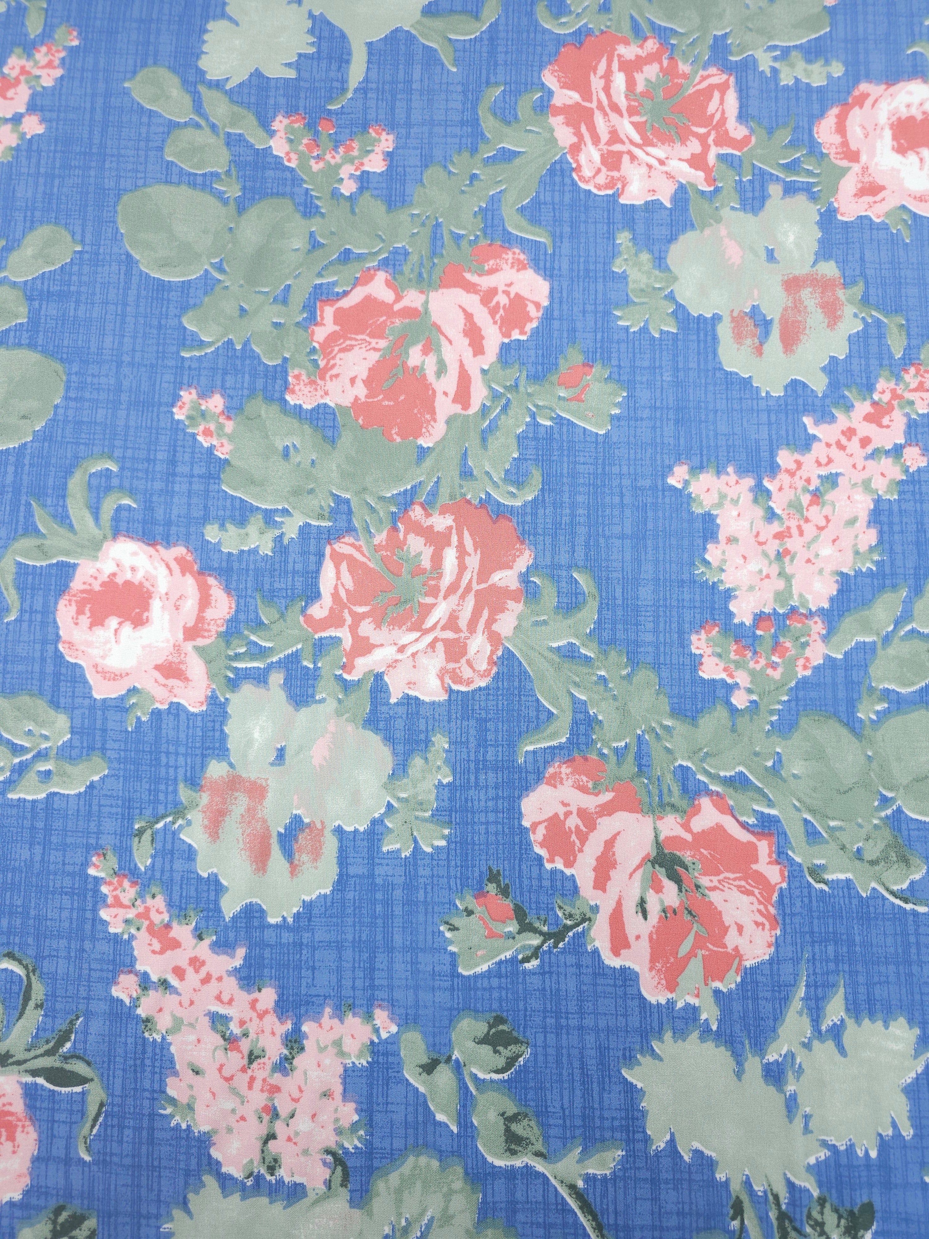 Soft Blue/Coral Rose Bunch Viscose Challis