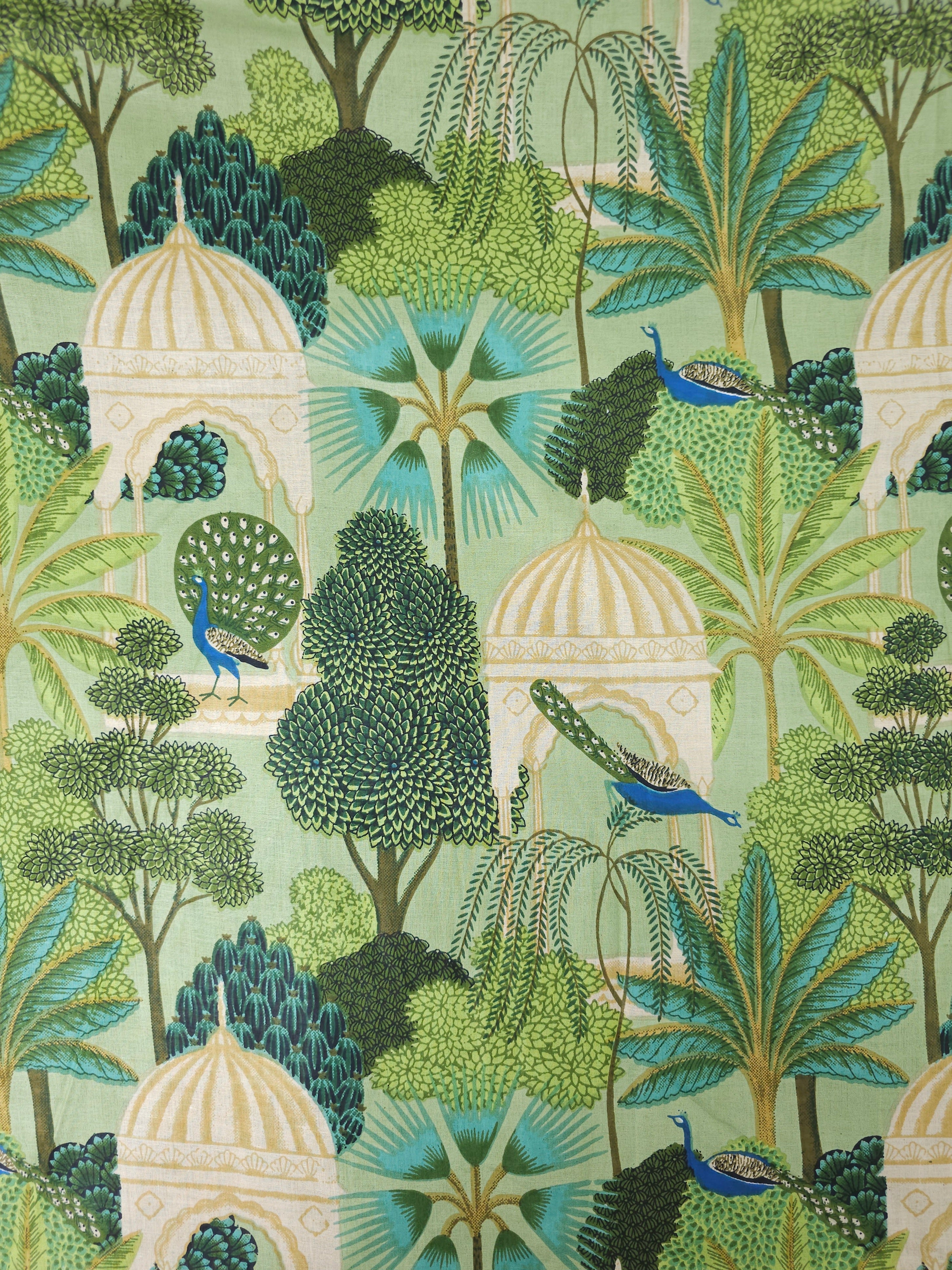 Sage Green Peacock Pavilion Block Print Cotton