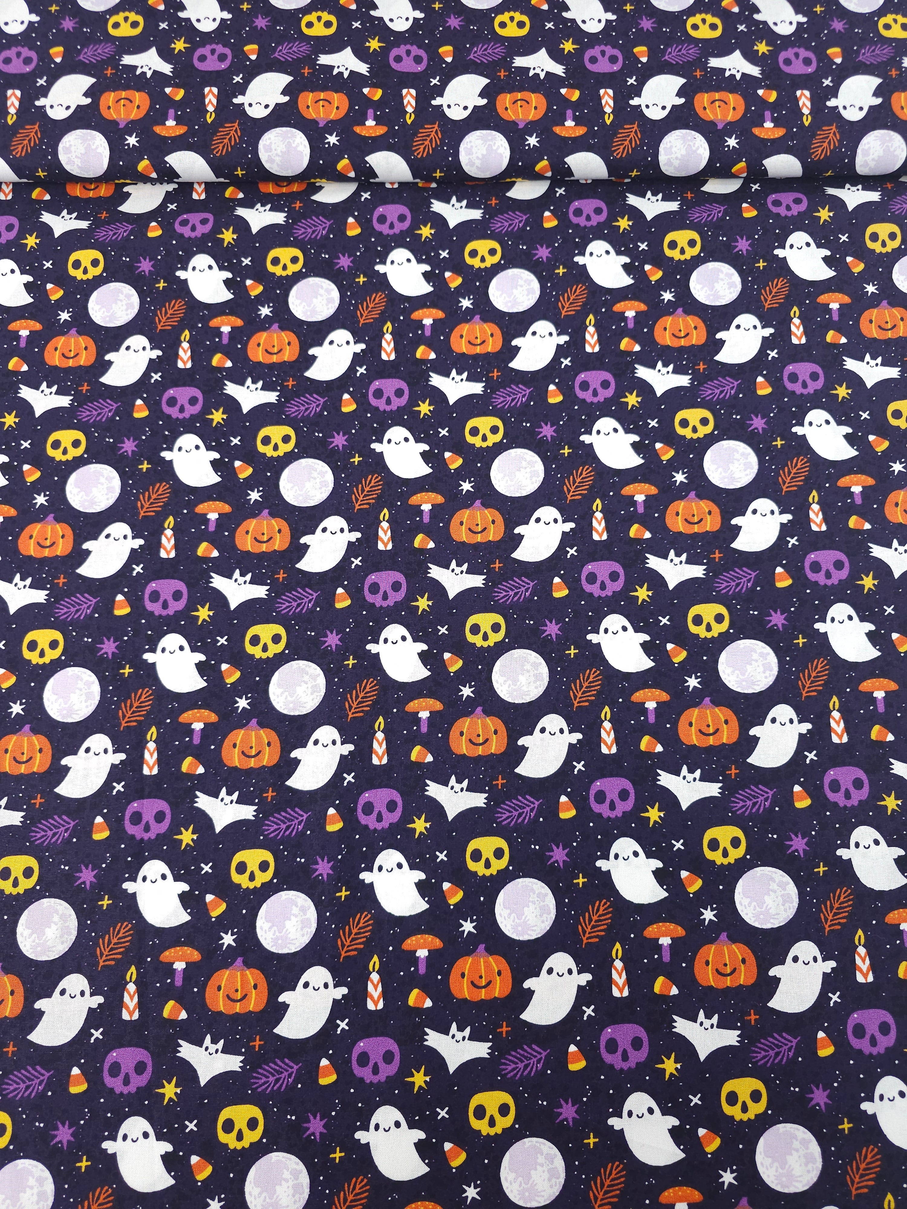 Purple Happy Ghosts And Pumpkins 100% Cotton