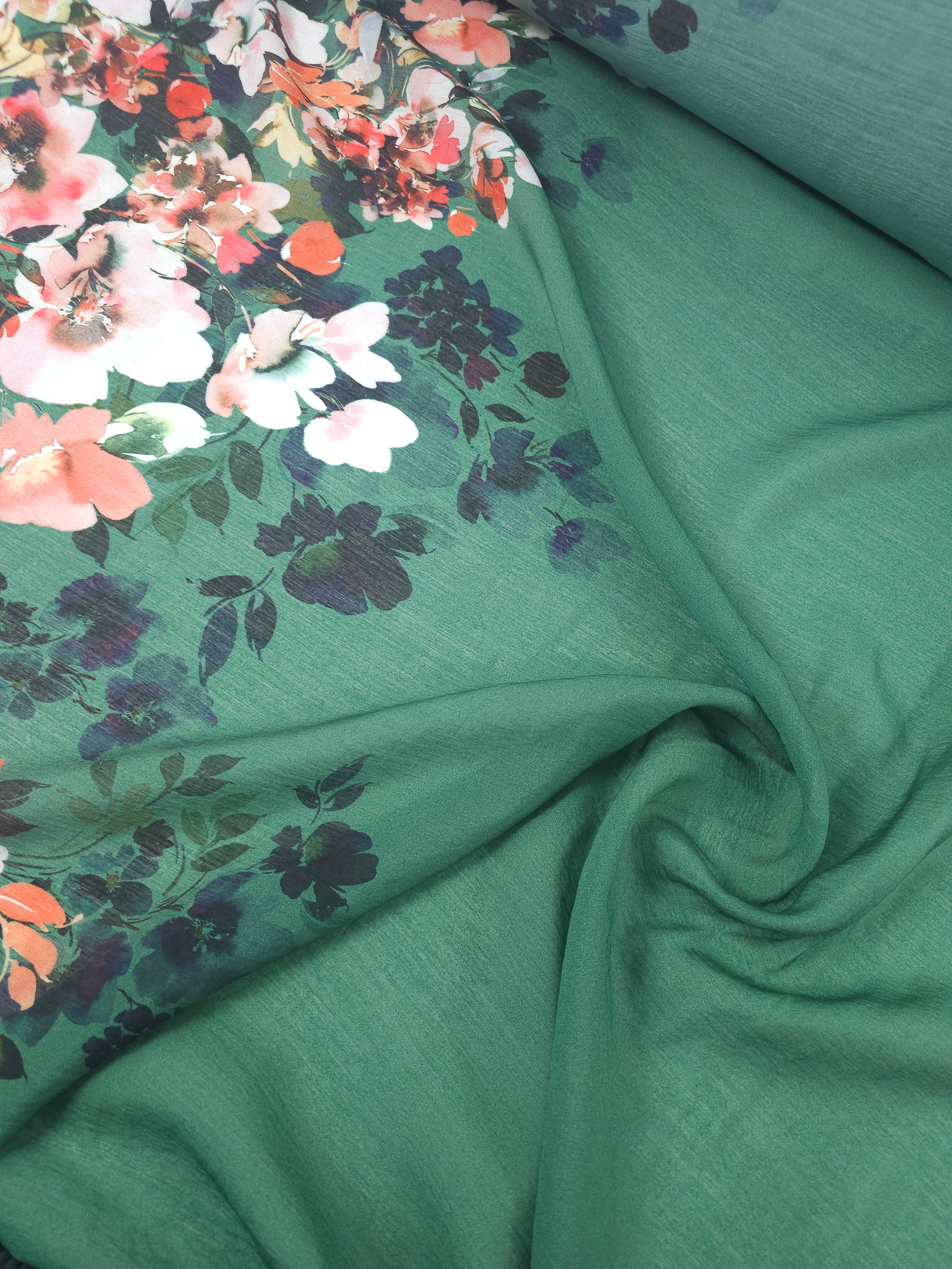 Green Double Floral Border Viscose Voile
