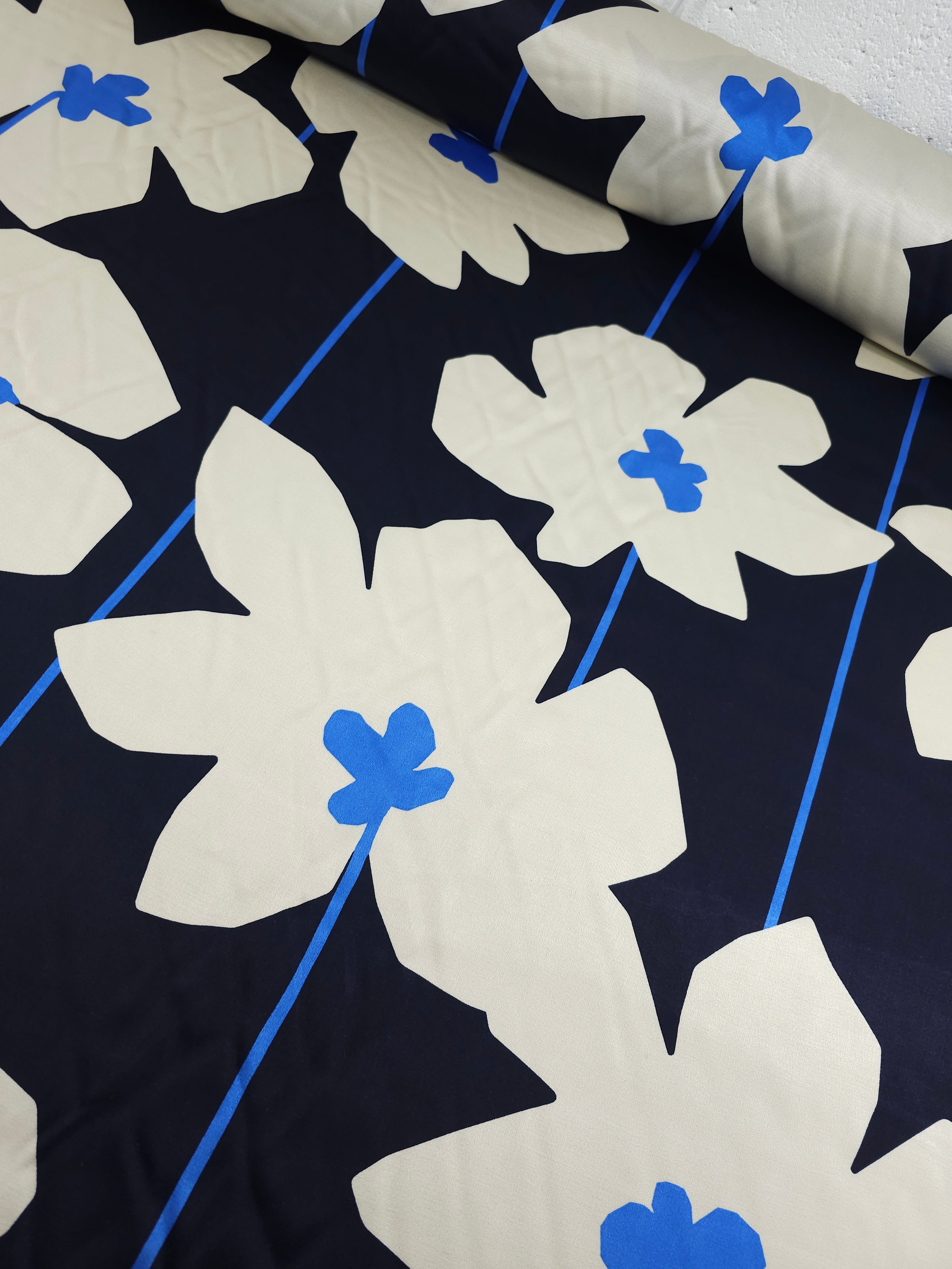 Navy Large Flower Stem Viscose Satin