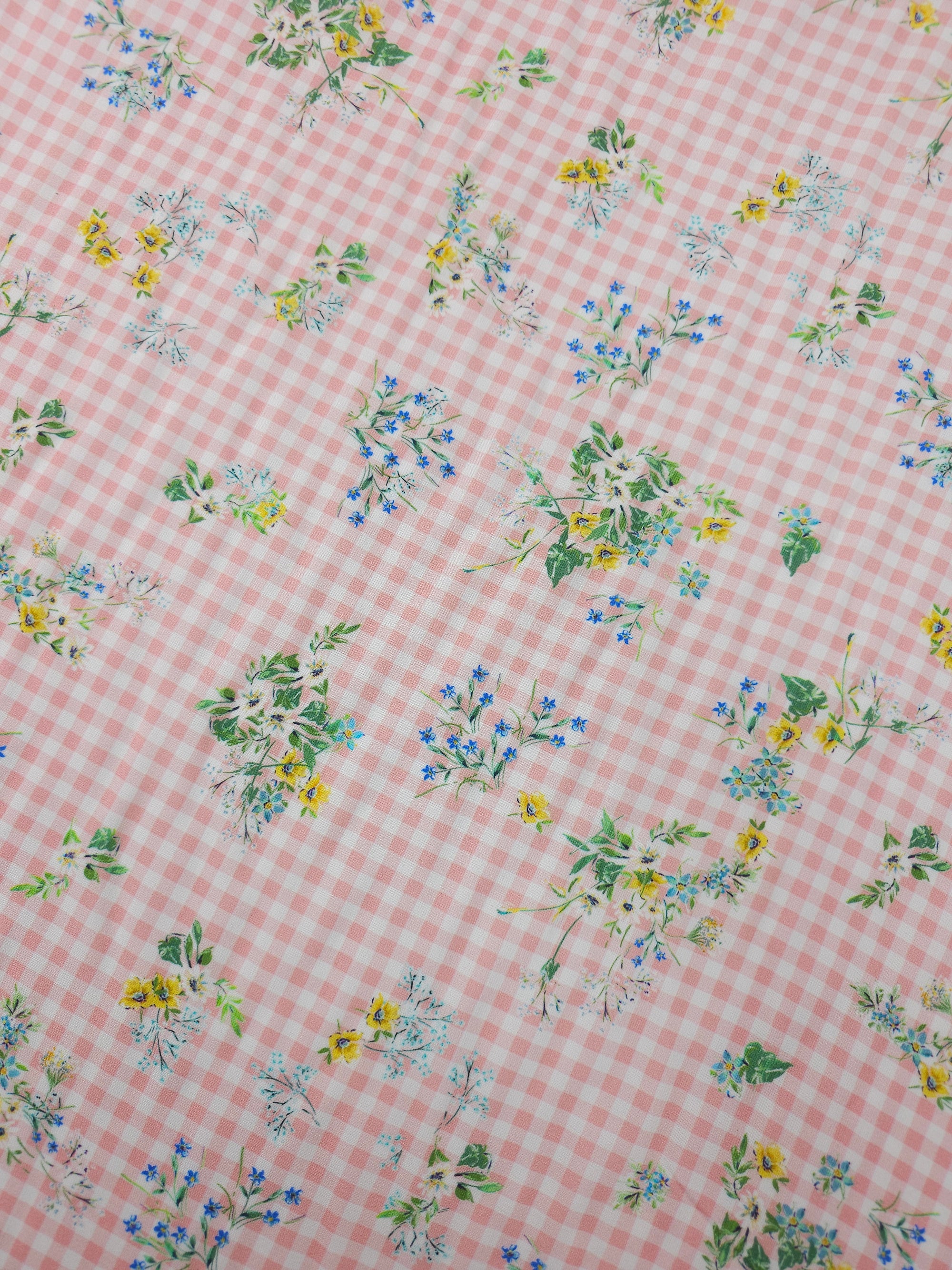 Light Pink Floral Bunch Gingham Viscose Challis