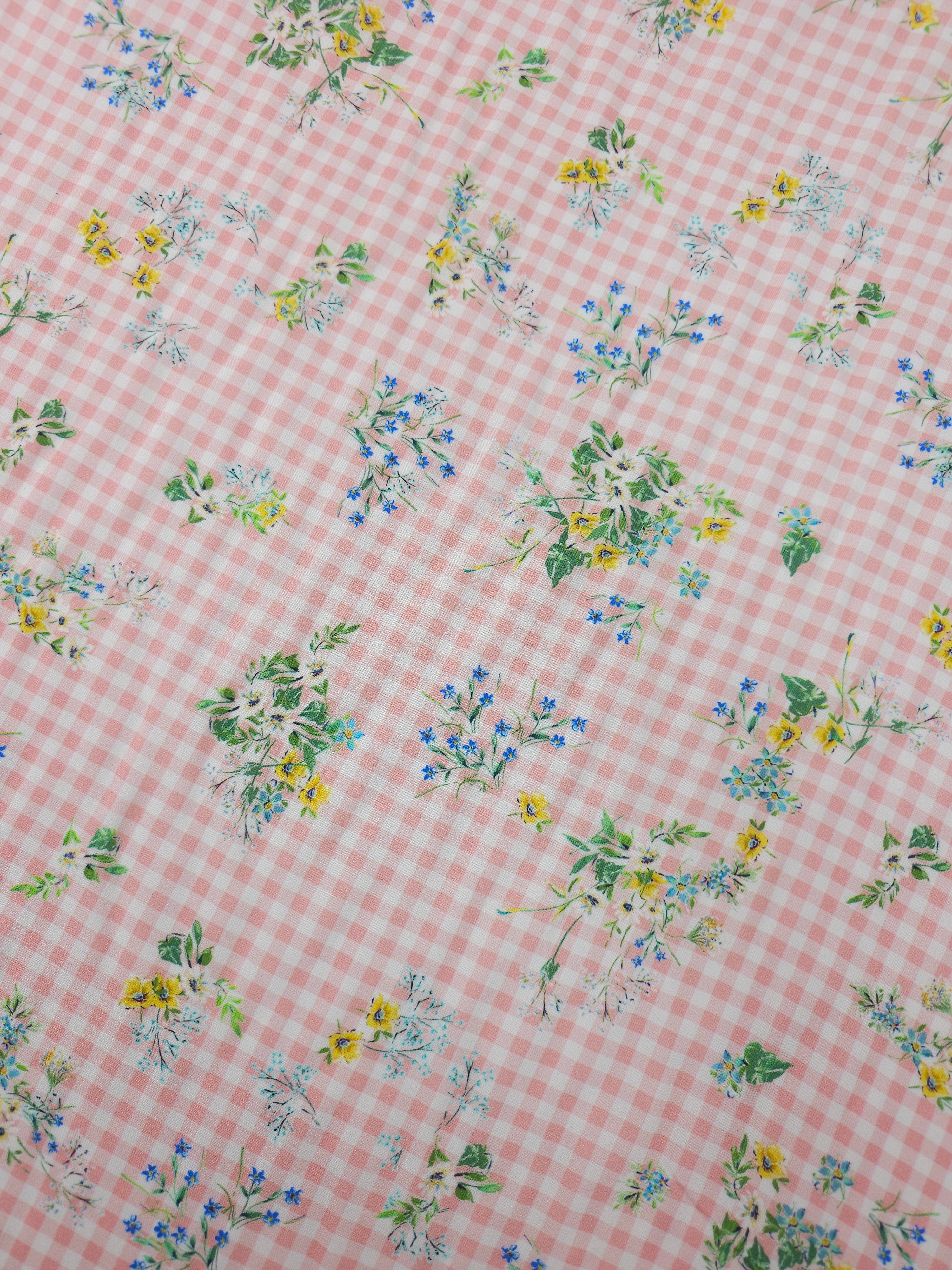 Light Pink Floral Bunch Gingham Viscose Challis