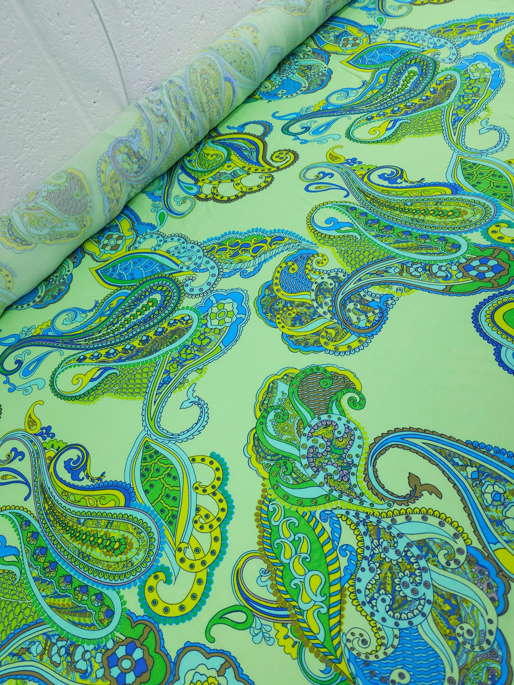 Lime Green/Blue Paisley Viscose Satin
